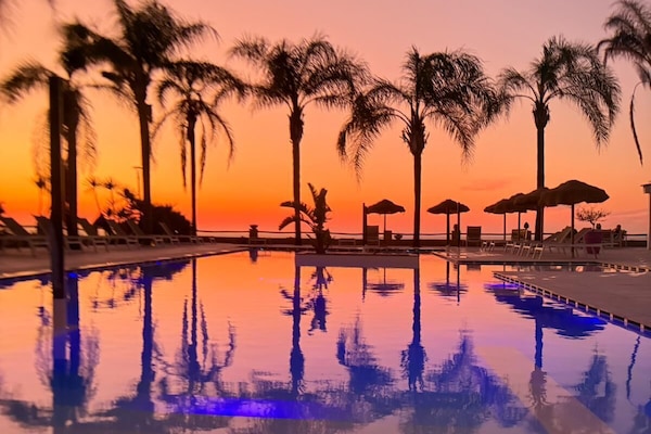 Seasonal outdoor pool, pool umbrellas, sun loungers