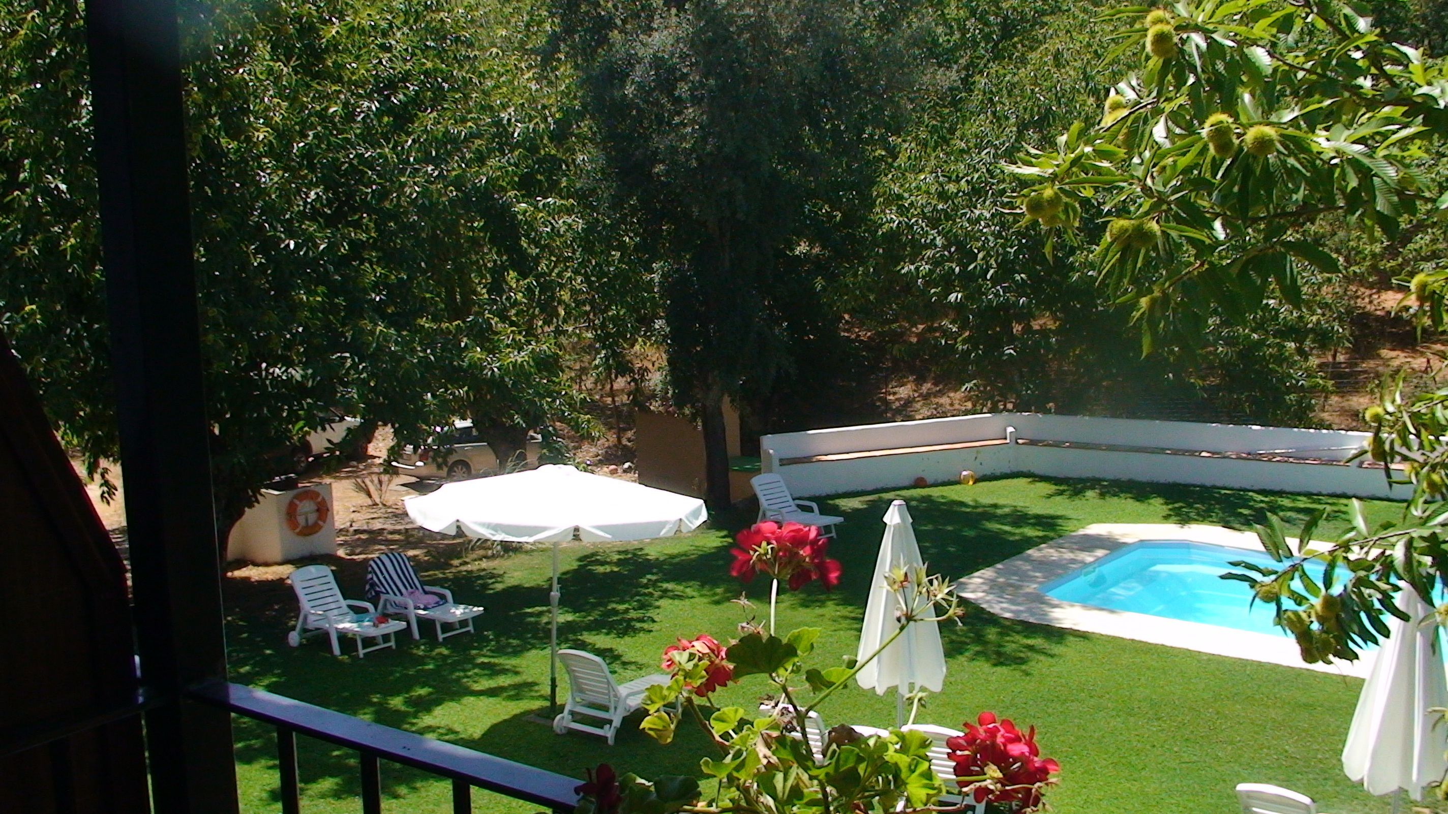 A backyard with a swimming pool, white lounge chairs, and a covered table.