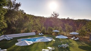 A backyard with a swimming pool, sun loungers, and umbrellas. - Hotel Apartamento Rural Finca La Media Legua (Los Marines)