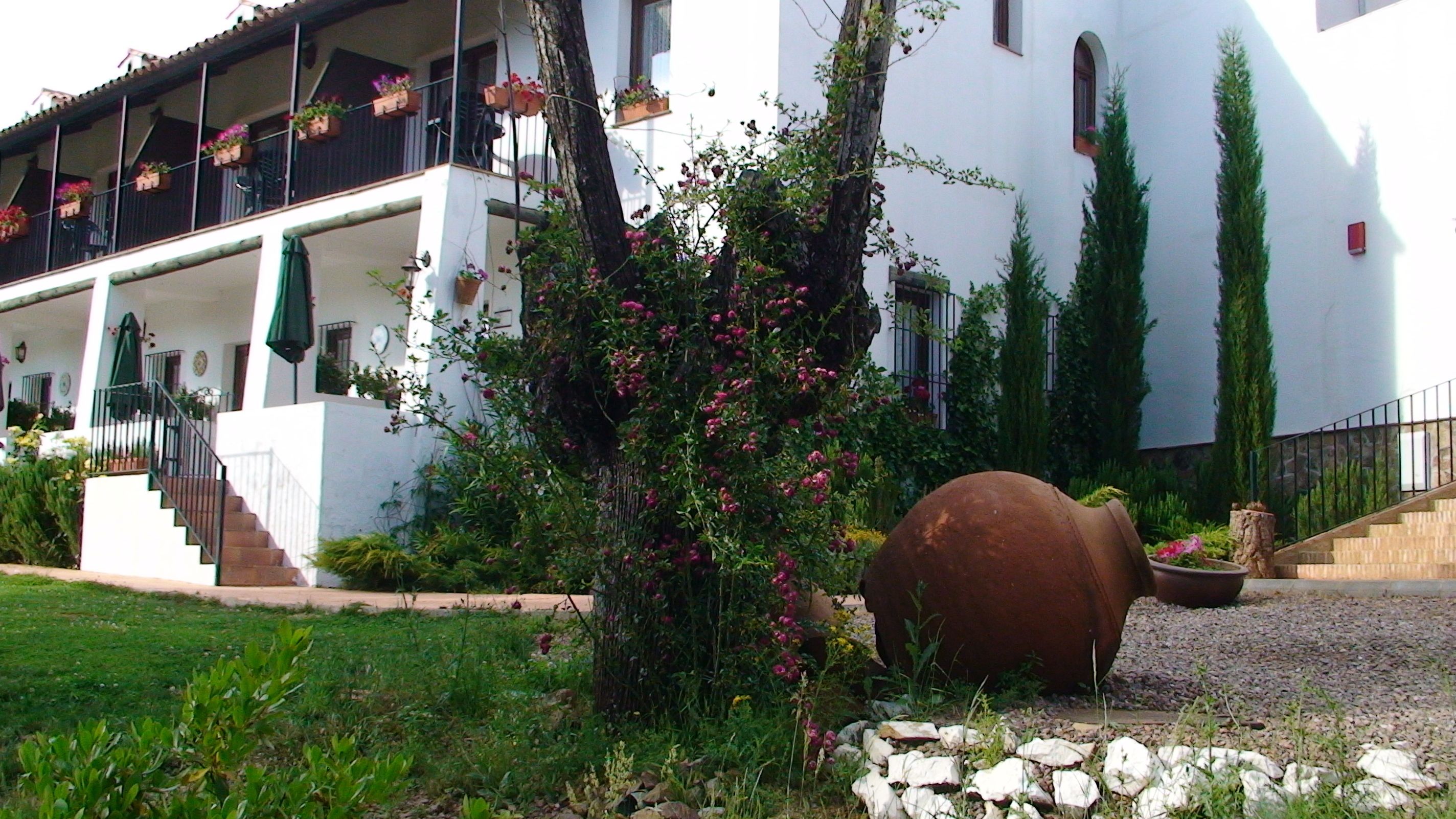Un bâtiment blanc doté d’un balcon, un grand arbre et une sculpture en pierre.