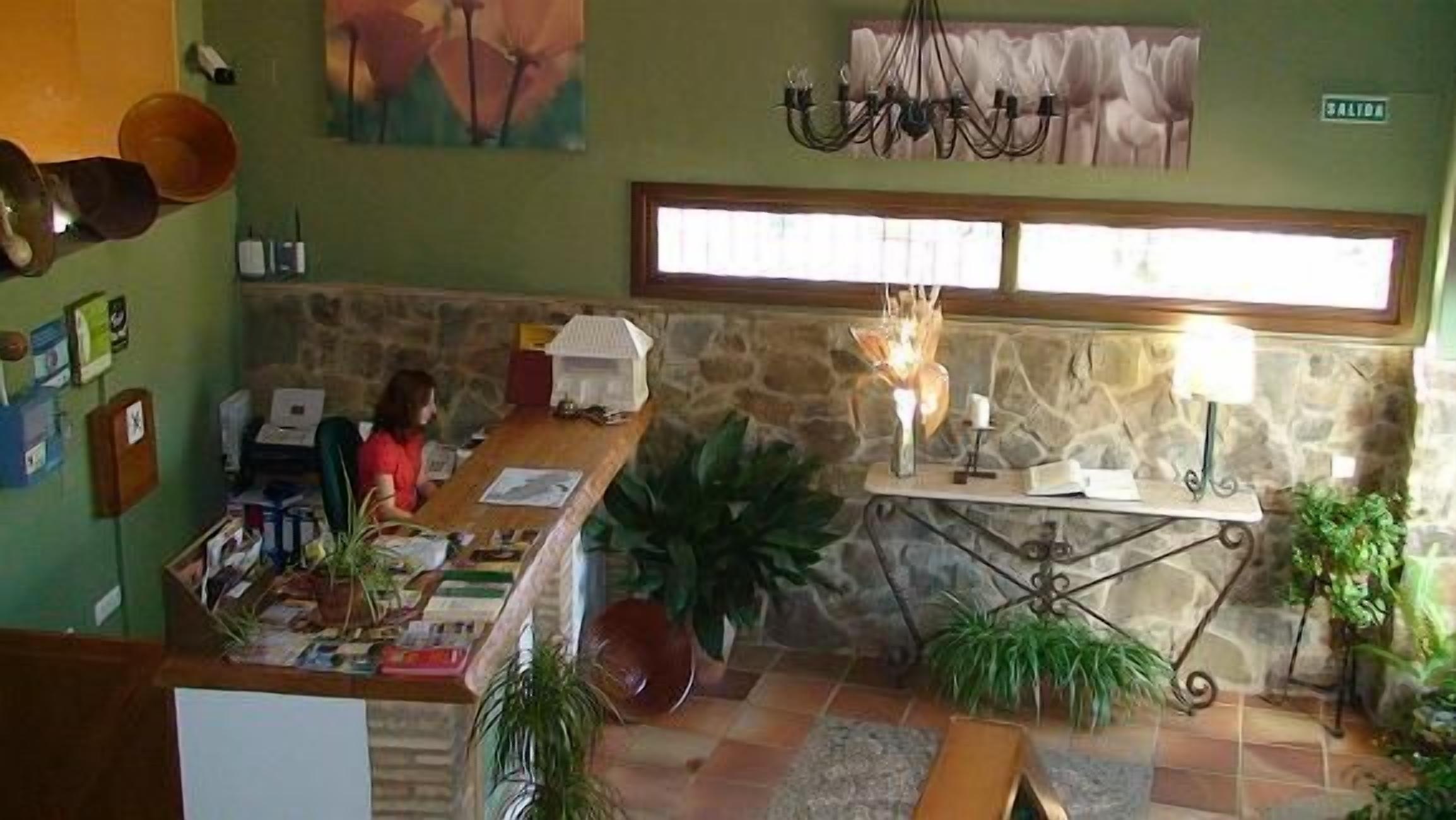 A room with a stone wall, a window, a desk with papers, a plant, and a chandelier.