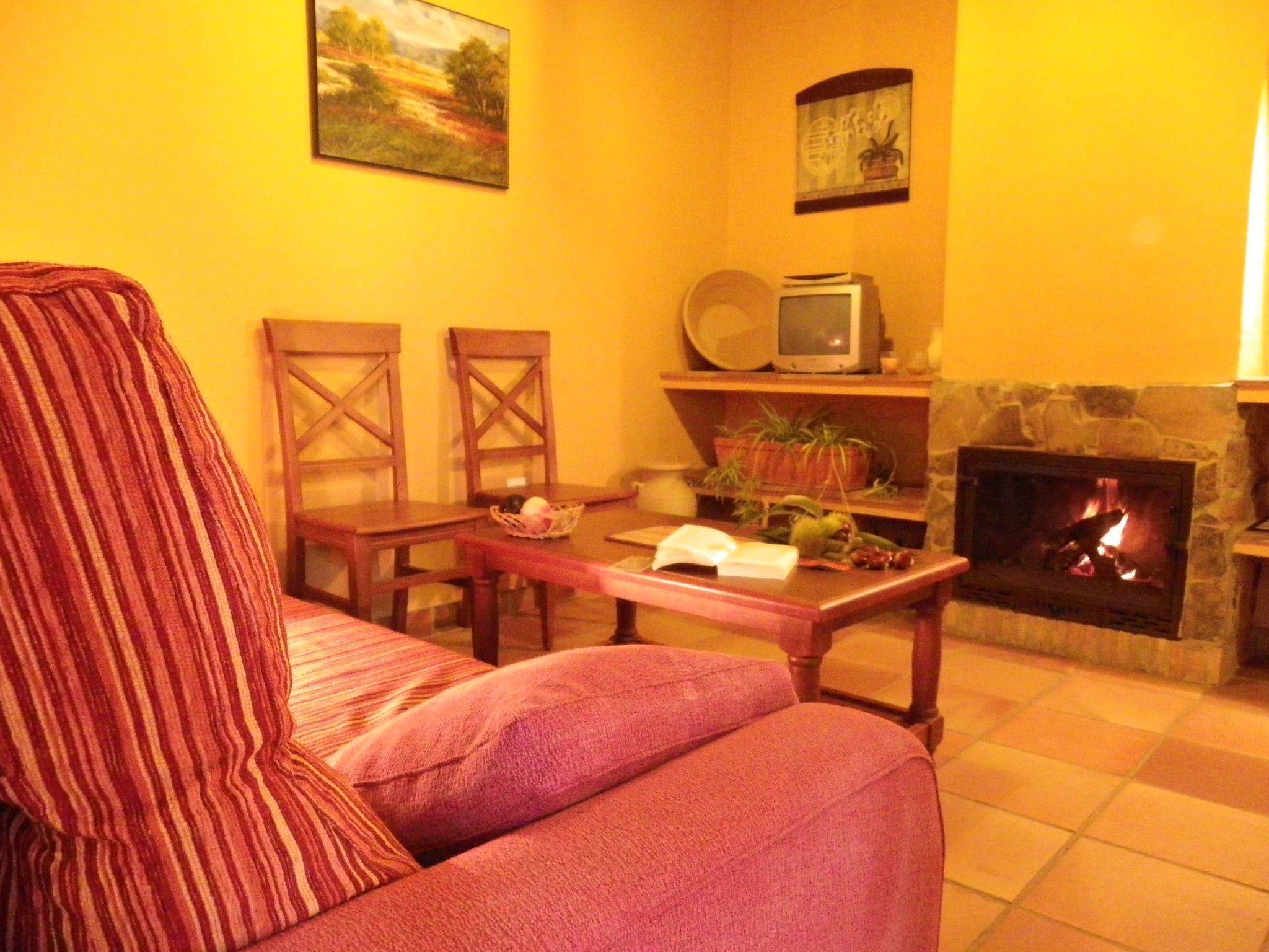 Un salon chaleureux avec une cheminée, un canapé, une table avec un livre et deux fauteuils.