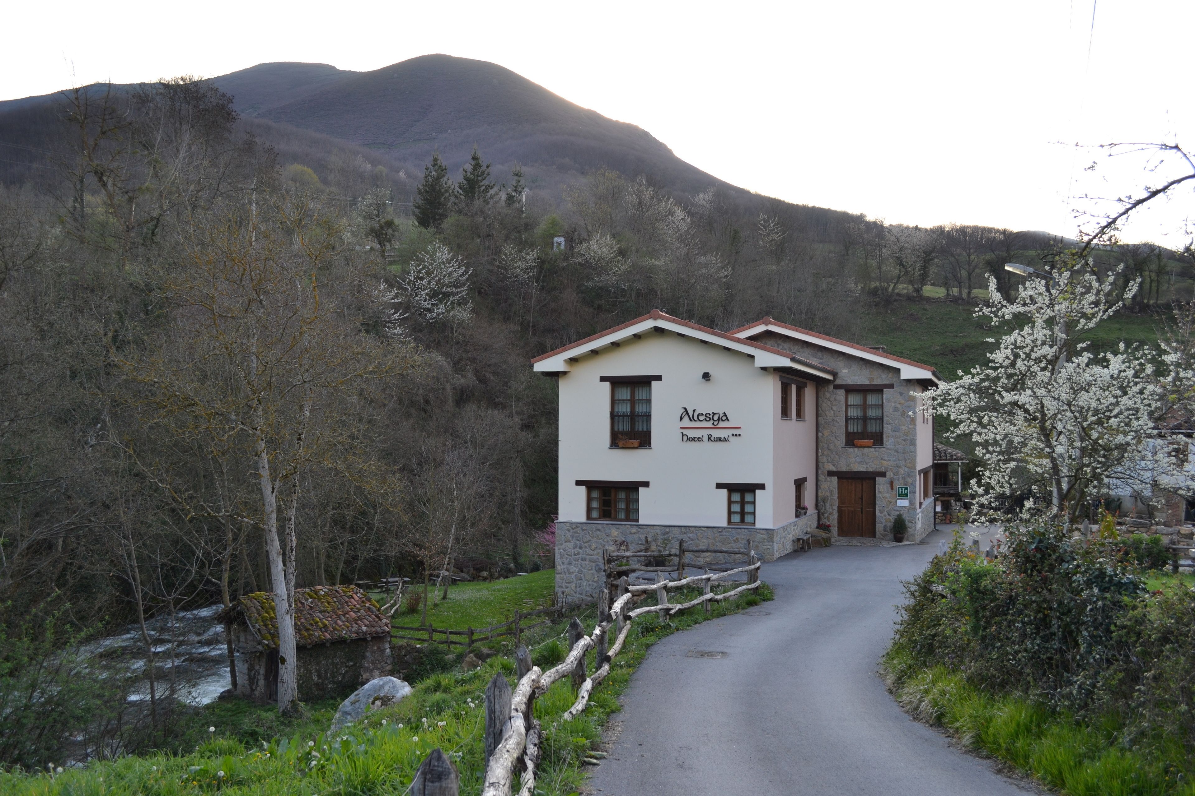 A two-story building with a stone facade and a red roof, named 'Alesga'.