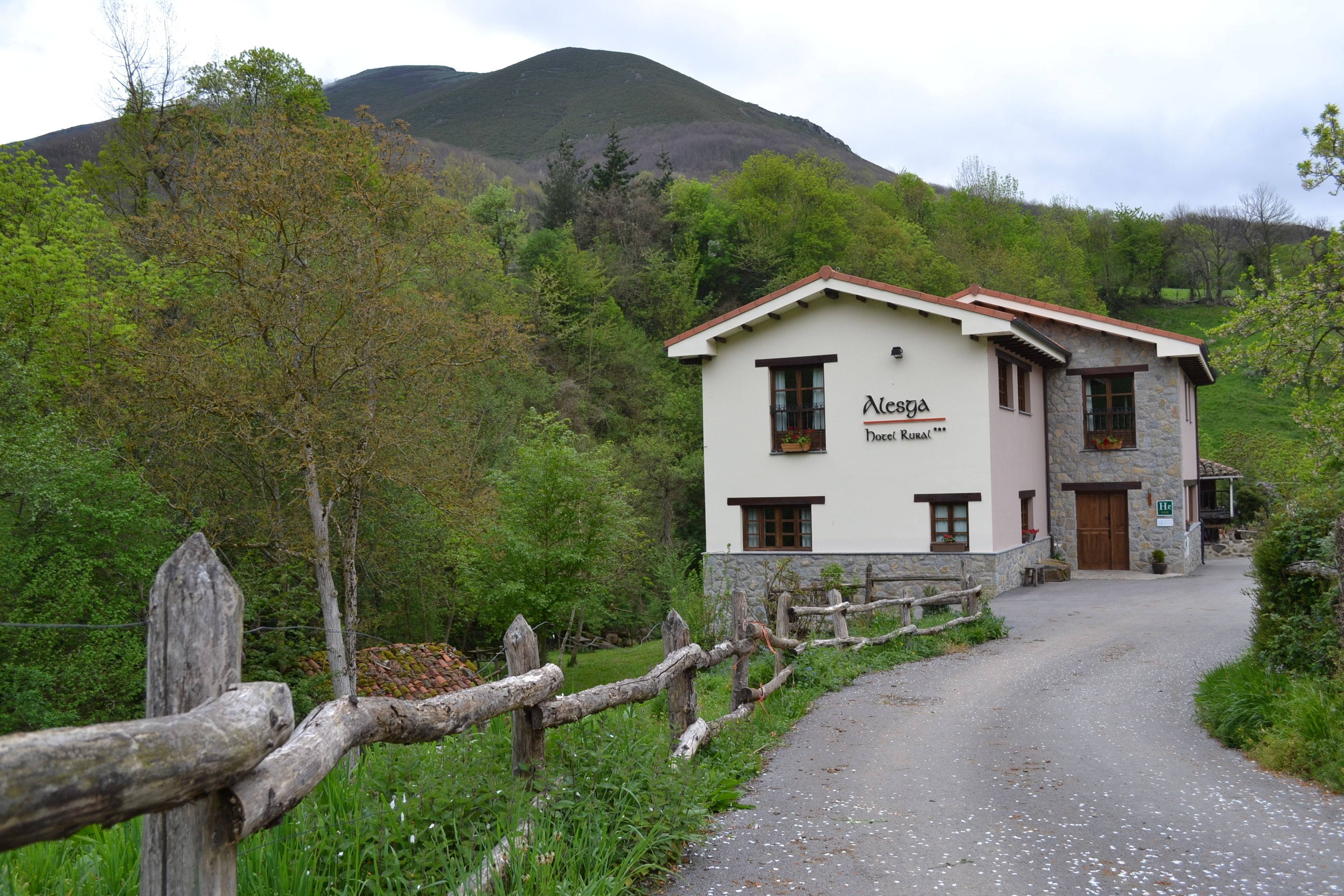 Un edificio de dos pisos con un letrero que dice "Alesga Dosca Rural". Tiene fachada de piedra, una puerta de madera y un camino de grava que conduce a la entrada.
