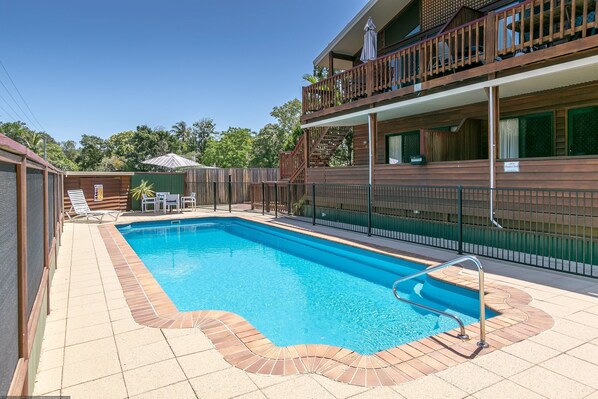 Outdoor pool, pool umbrellas, pool loungers