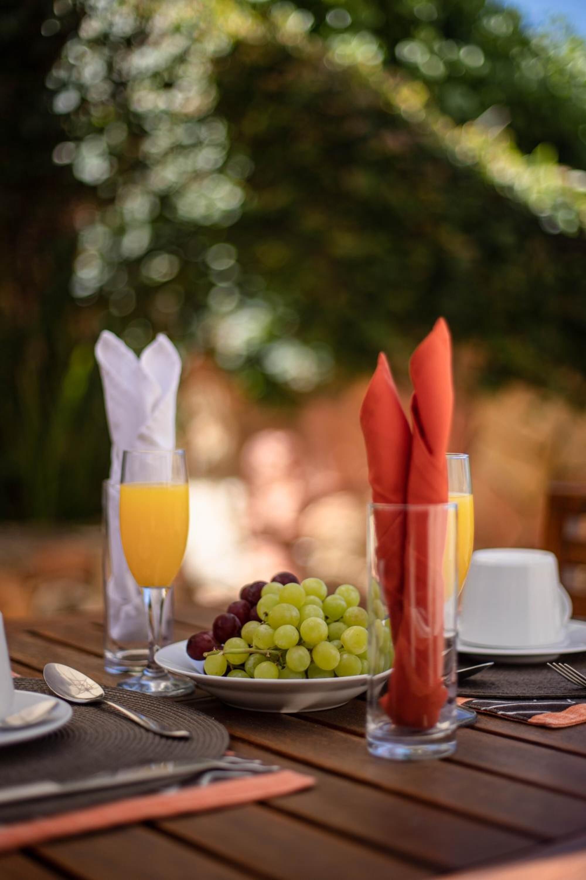 A table set with a glass of orange juice, a bowl of grapes, and a glass with red napkins.