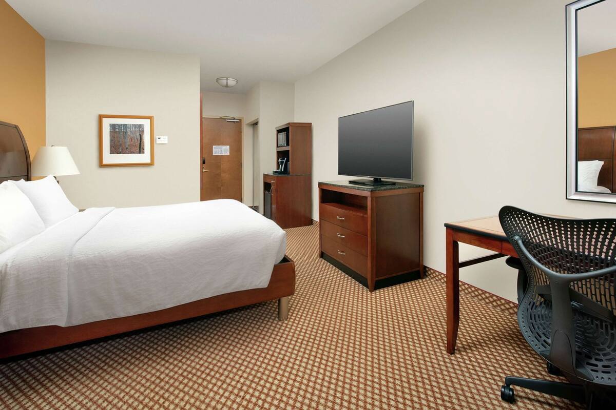 Habitación de hotel con cama, televisión, escritorio con silla, armario y espejo.
