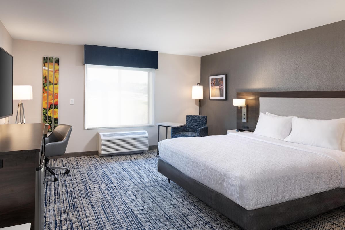 A hotel room with a large bed, a desk, a chair, a window with a view, and a wall-mounted TV.