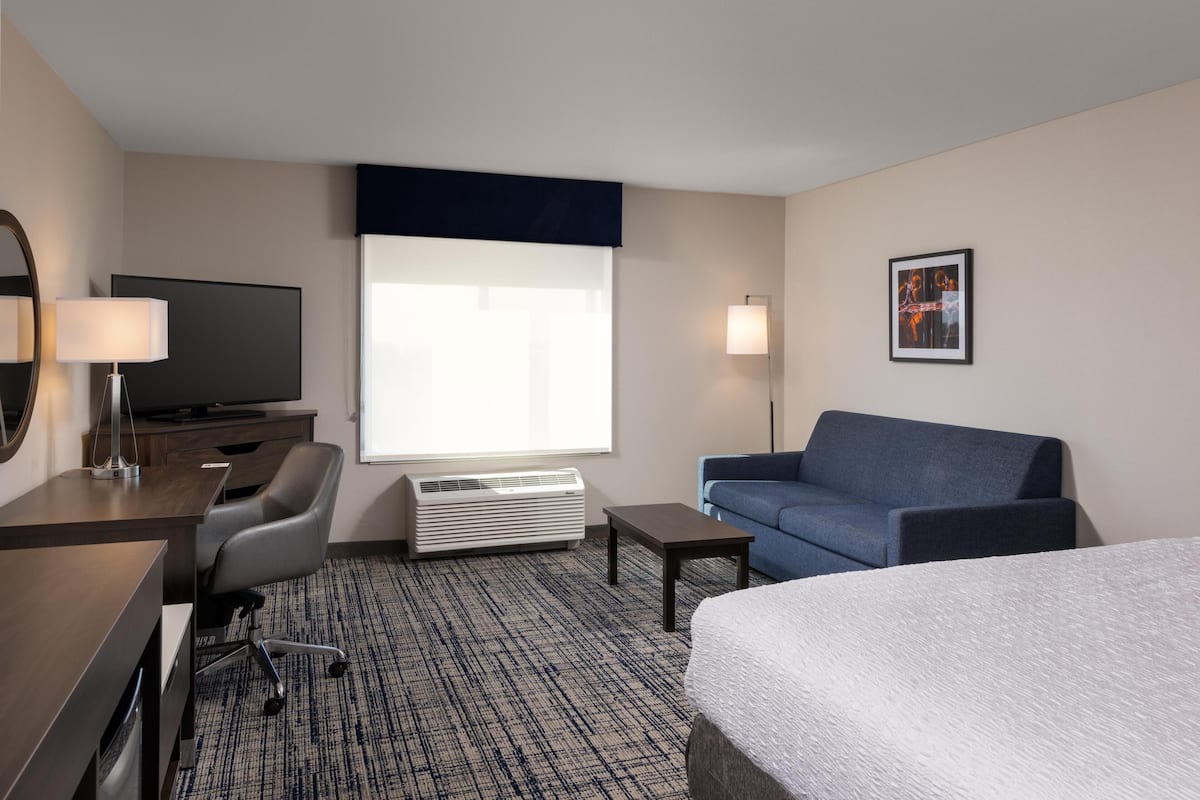 A hotel room with a bed, a desk with a chair, a sofa, a TV, a heater, a window with blinds, and a framed picture on the wall.
