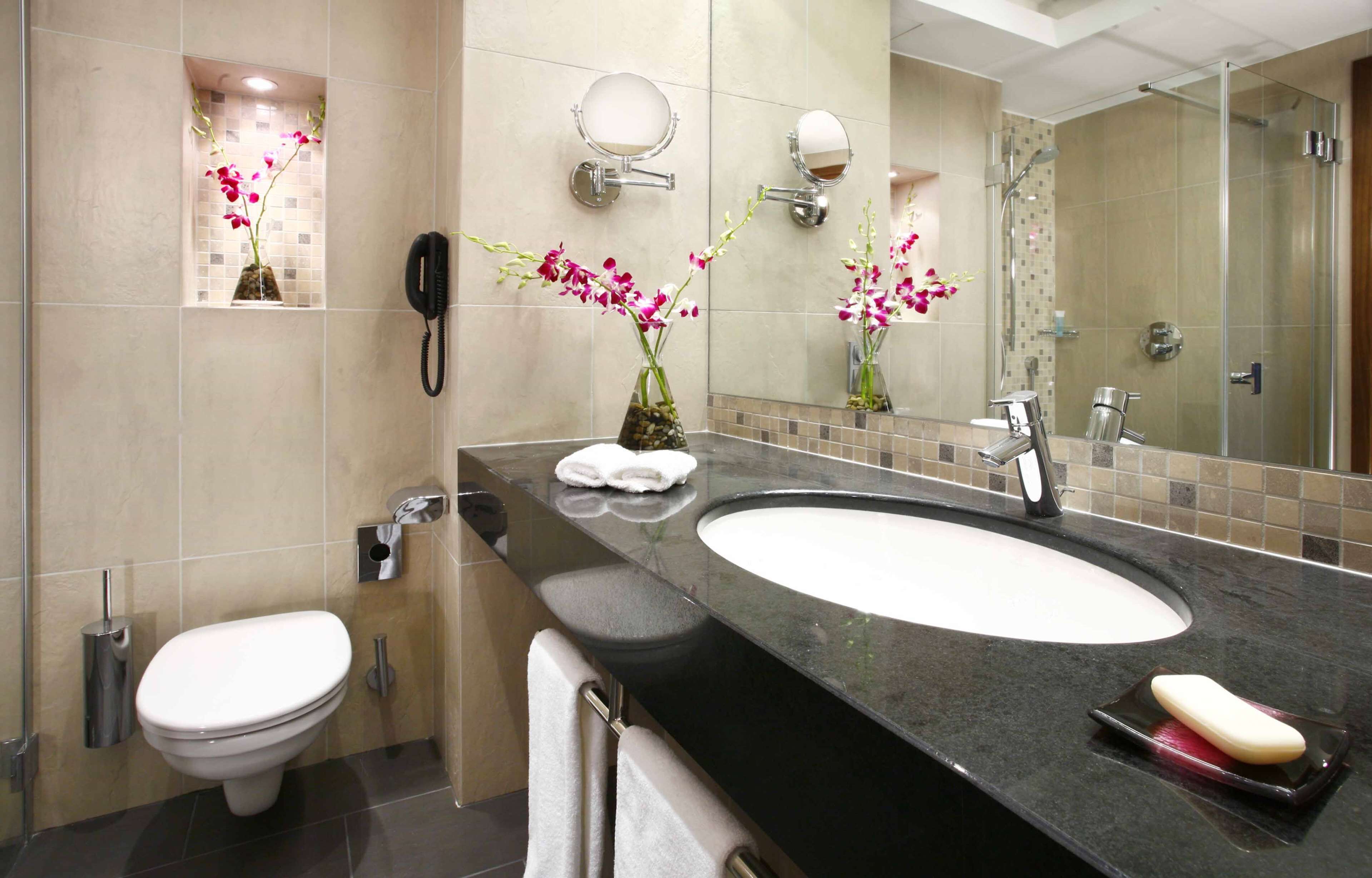 Un baño moderno con un lavamanos grande, un inodoro, un espejo y una ducha.