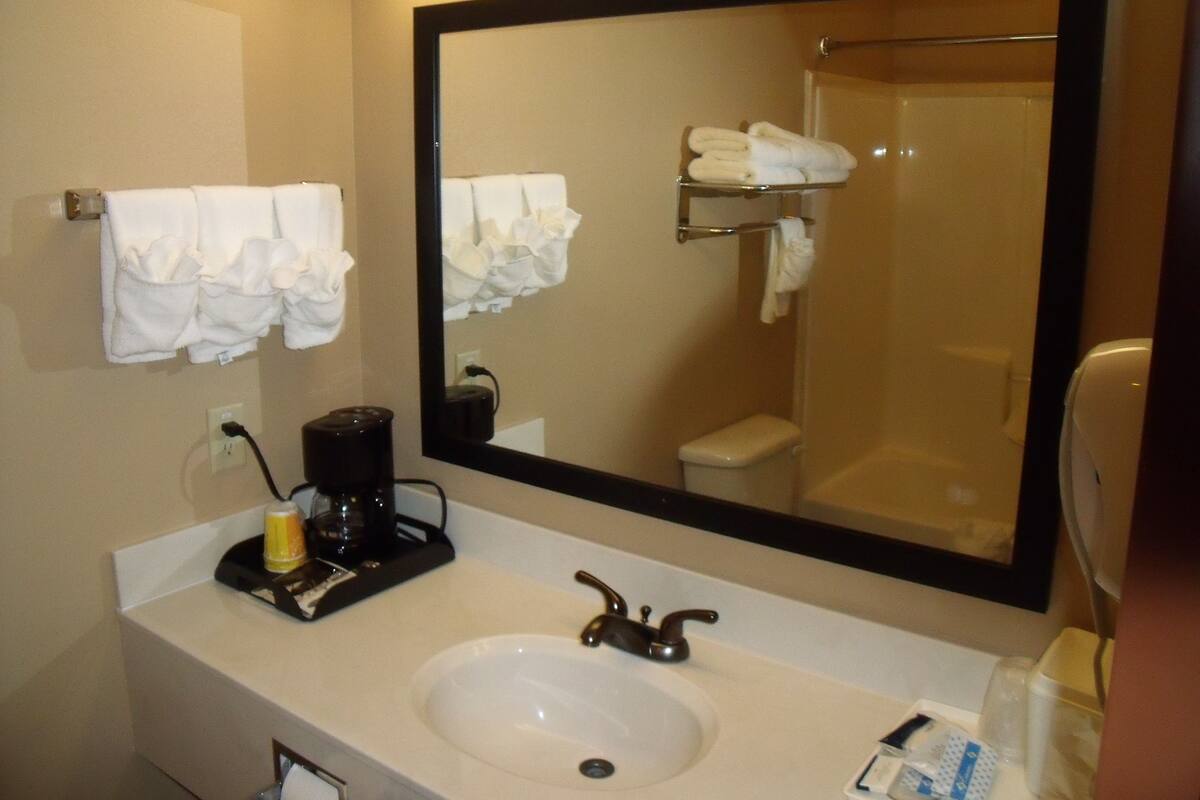 A hotel bathroom with a sink, mirror, and towel rack.