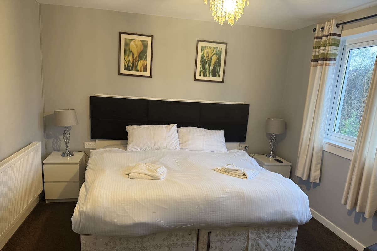 Uma cama bem arrumada com almofadas, um abajur, um quadro na parede e uma janela com cortinas.