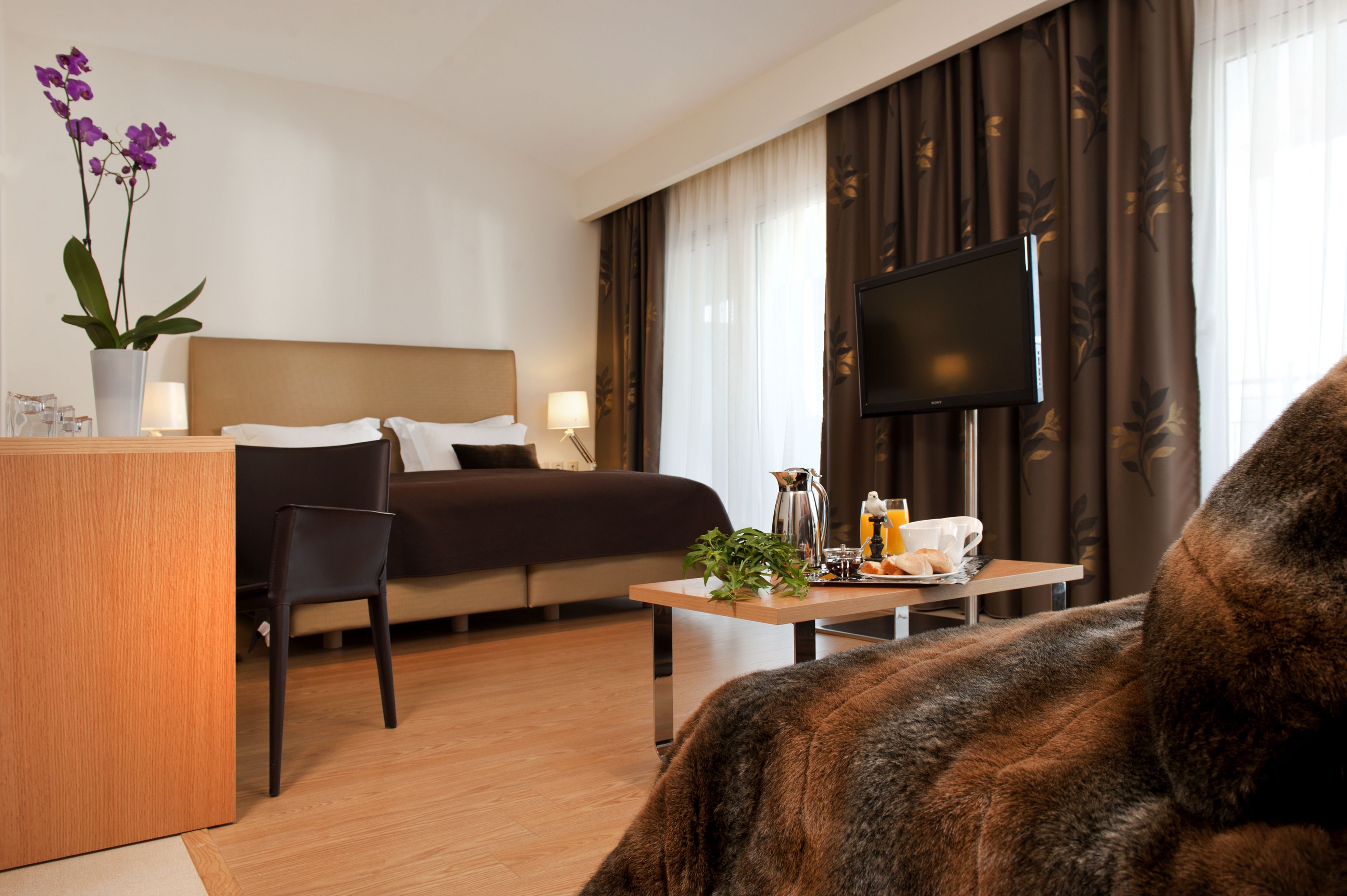 A hotel room with a bed, a desk, a chair, a TV, and a plant.