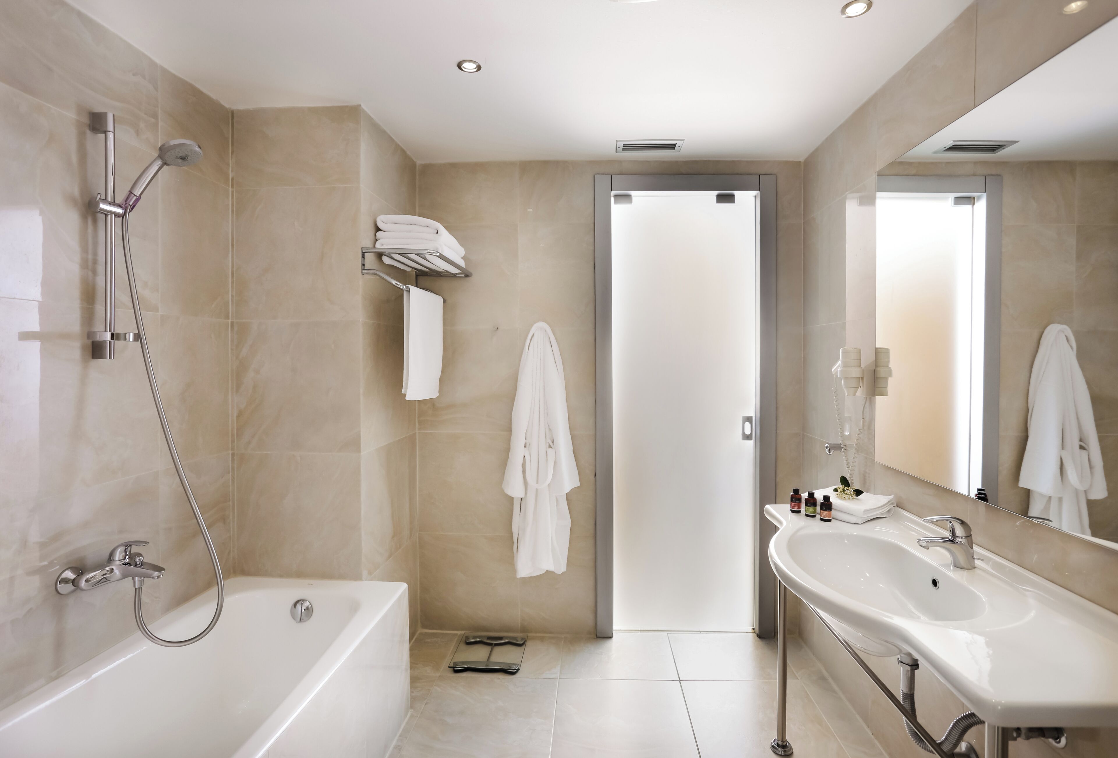 free toiletries, hair dryer, bathrobes, slippers