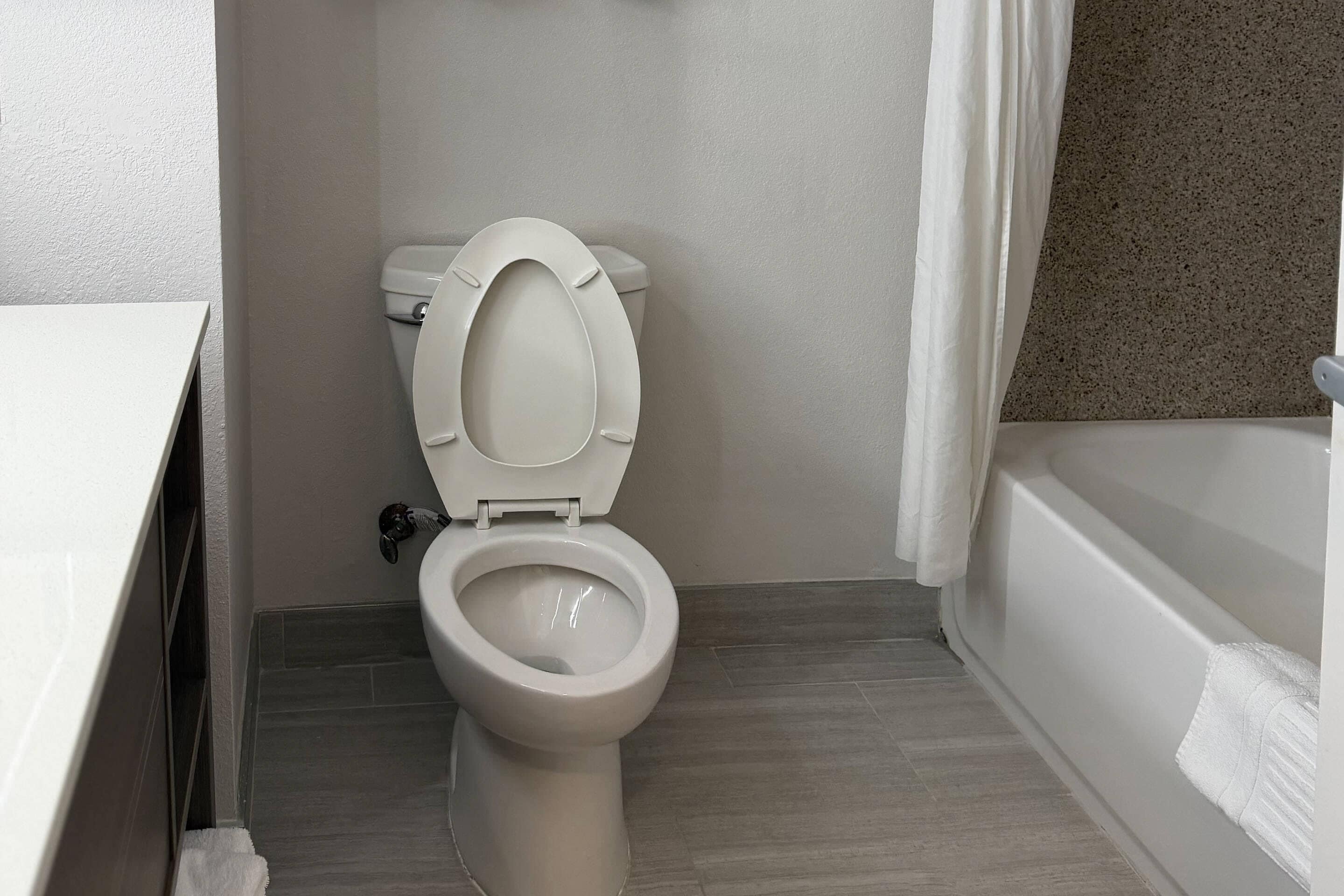 Et badeværelse med toilet, vask og badekar.