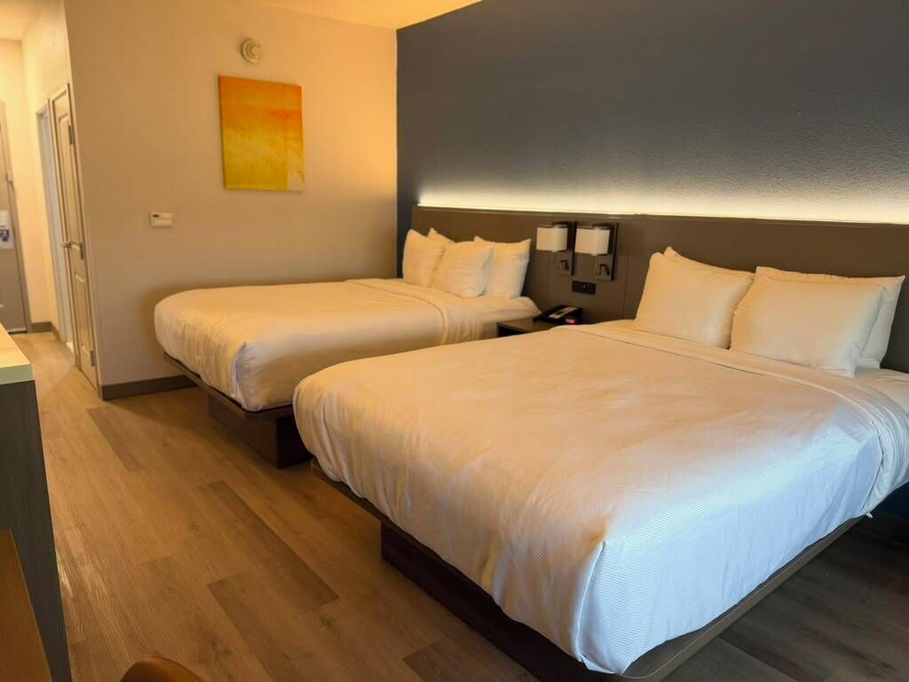 A hotel room with two beds, a bedside table, a wall-mounted lamp, and a painting.