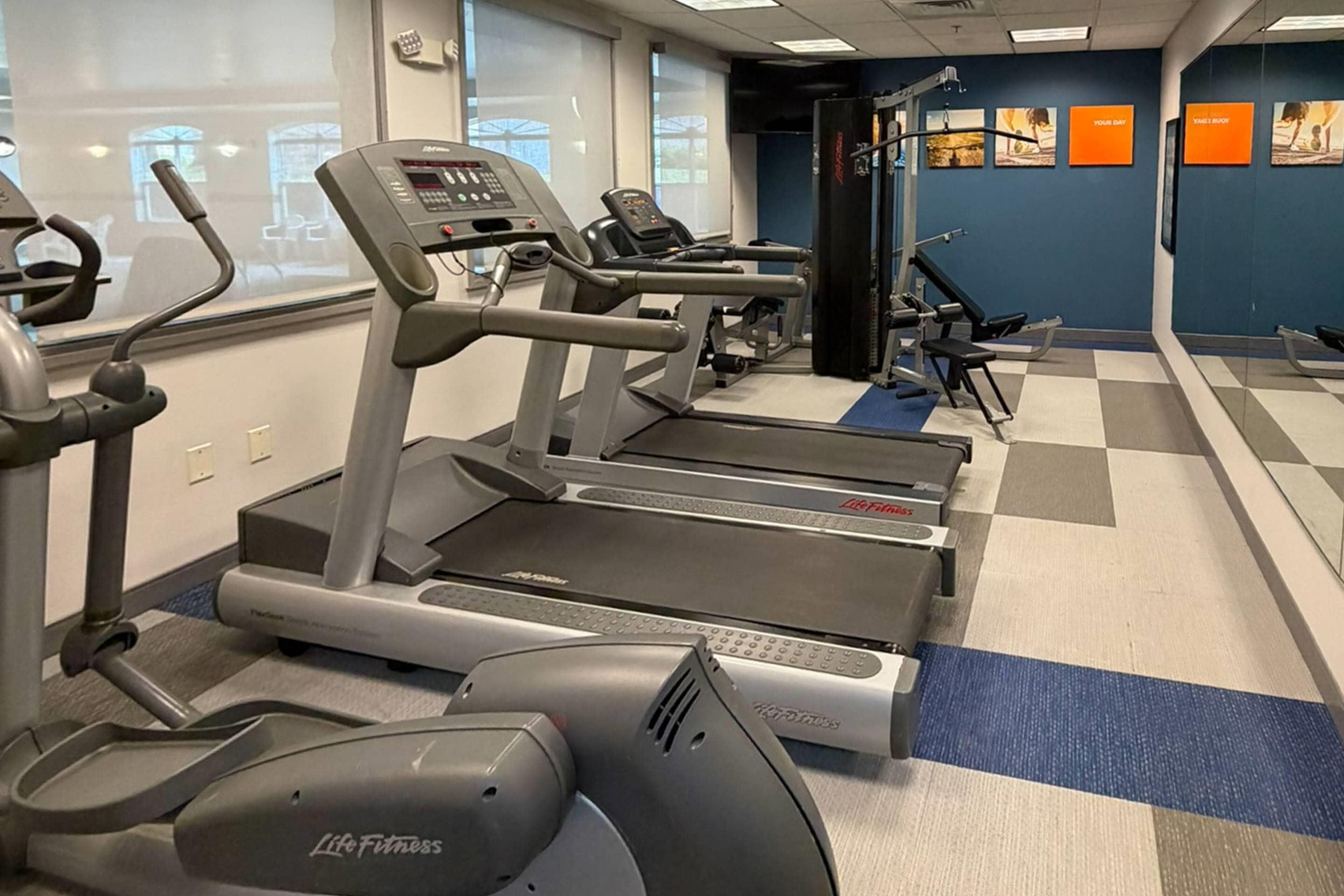 Une salle de sport équipée de tapis de course, d’une machine de musculation et d’un mur recouvert de miroirs.