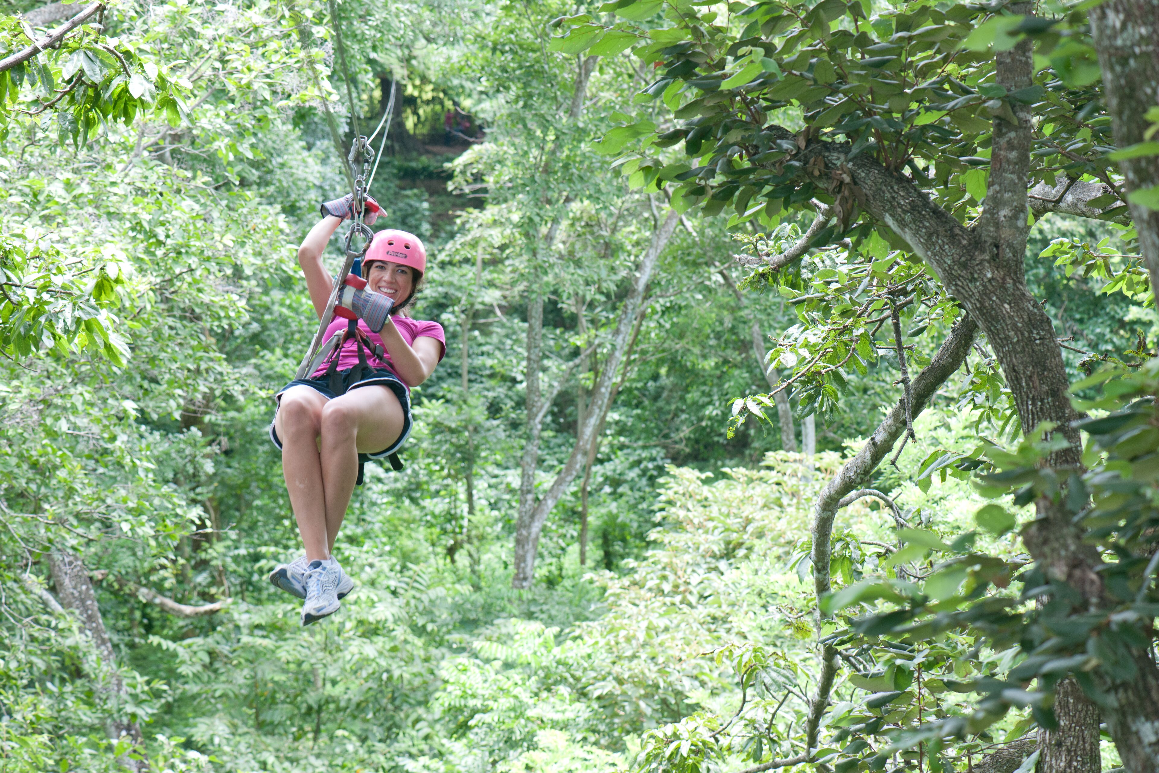 En person som åker på en zipline genom ett skogsområde.
