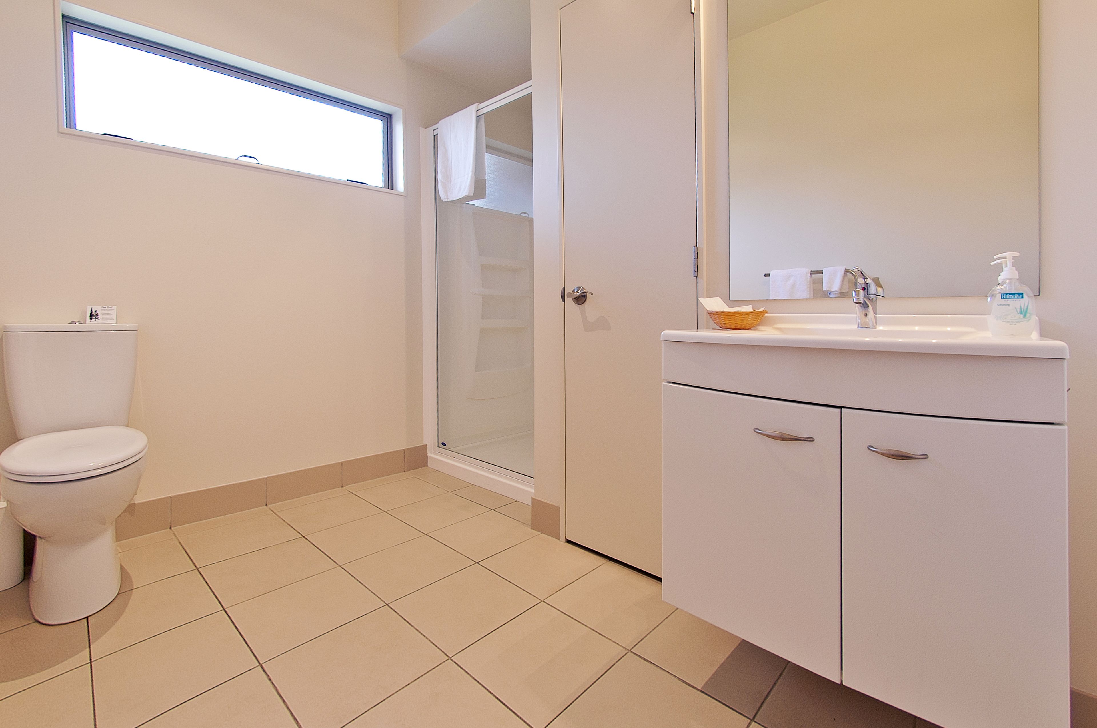 A bathroom with a toilet, a sink with a mirror, and a shower area.
