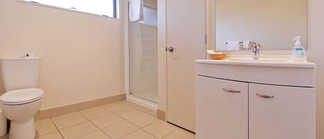 A bathroom with a toilet, a sink with a mirror, and a shower area.