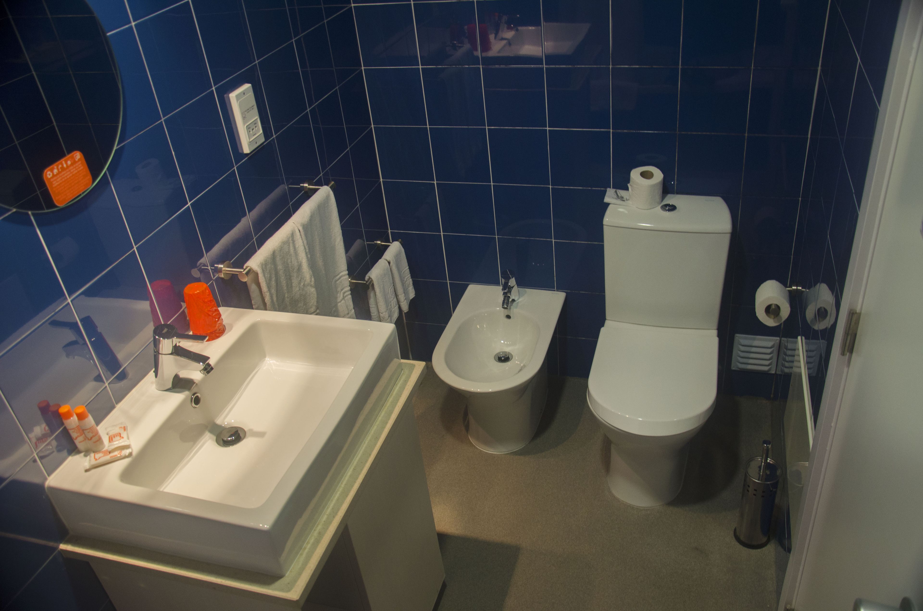 free toiletries, hair dryer, bidet, towels