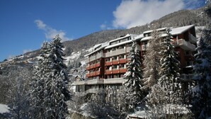 Un hotel de varios pisos con balcones, rodeado de árboles y montañas nevadas.
