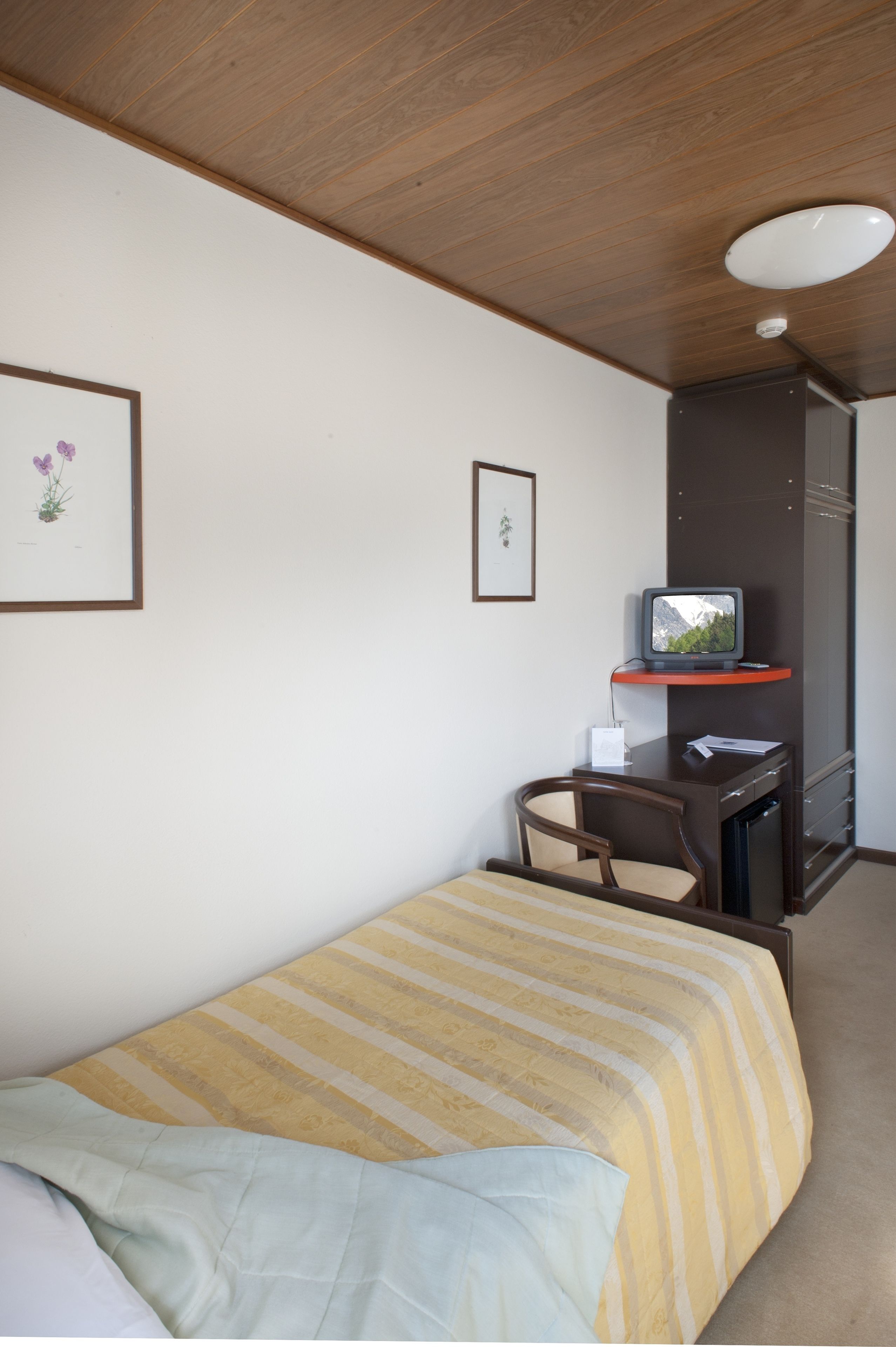 A single bed with a striped bedspread, a desk with a television, and framed pictures on the wall.