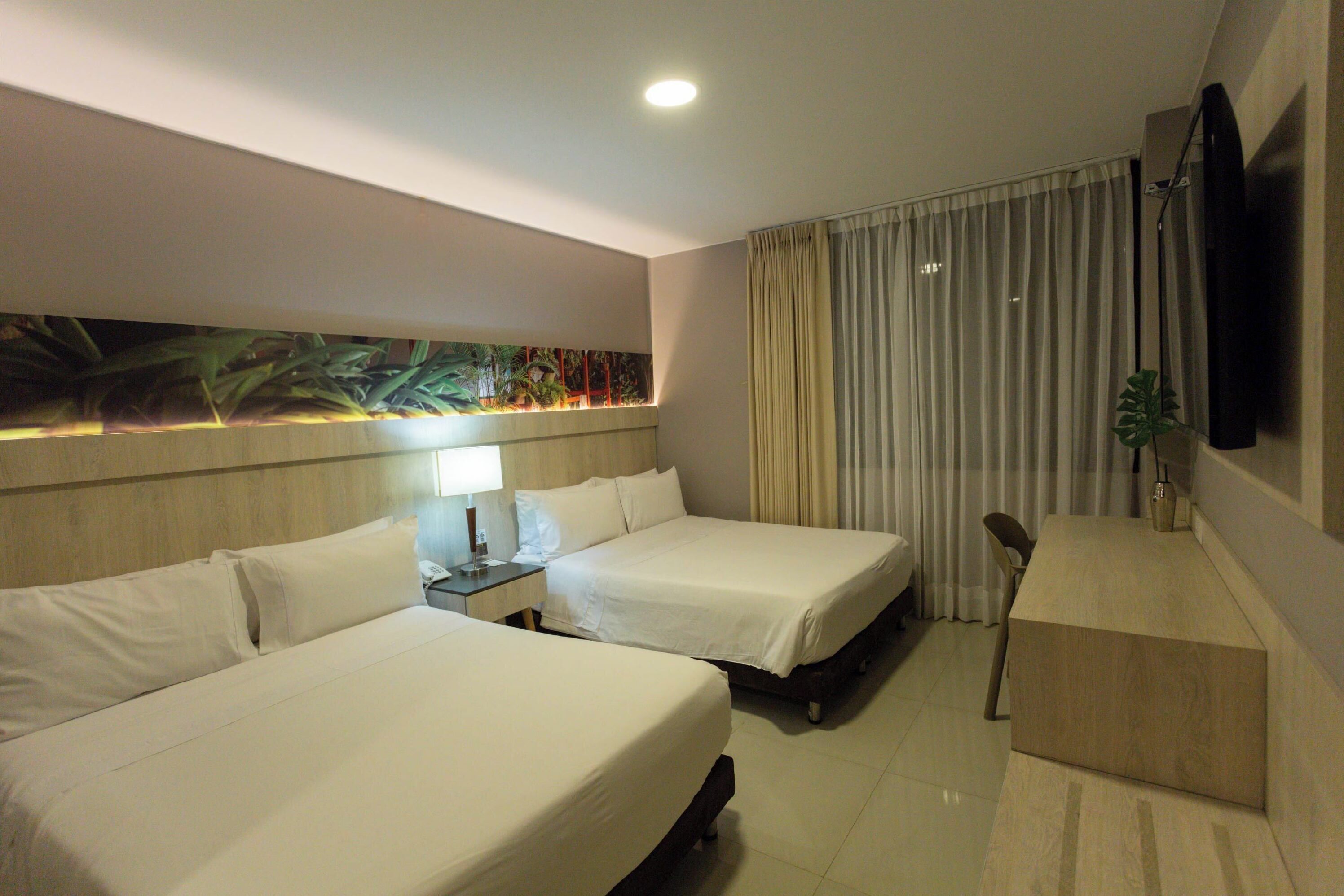 Una habitación de hotel con dos camas, un escritorio, un televisor y una planta.