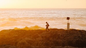 A rocky shoreline with a person walking towards the sea. - Albatross Guest House (Cape Town)