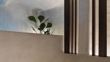 Una habitación con una hamaca, una planta y listones de madera verticales en la pared.