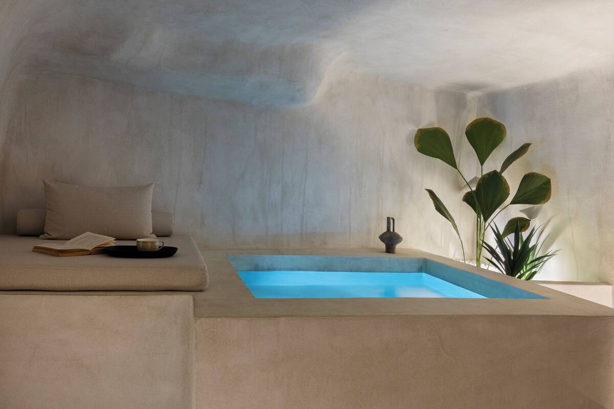 A room with a bathtub, a sofa with cushions, a book, a tray, and a plant.