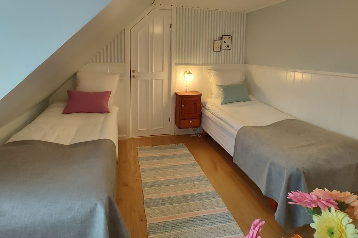 A cozy, well-lit attic bedroom with two beds, a nightstand, and a striped rug.