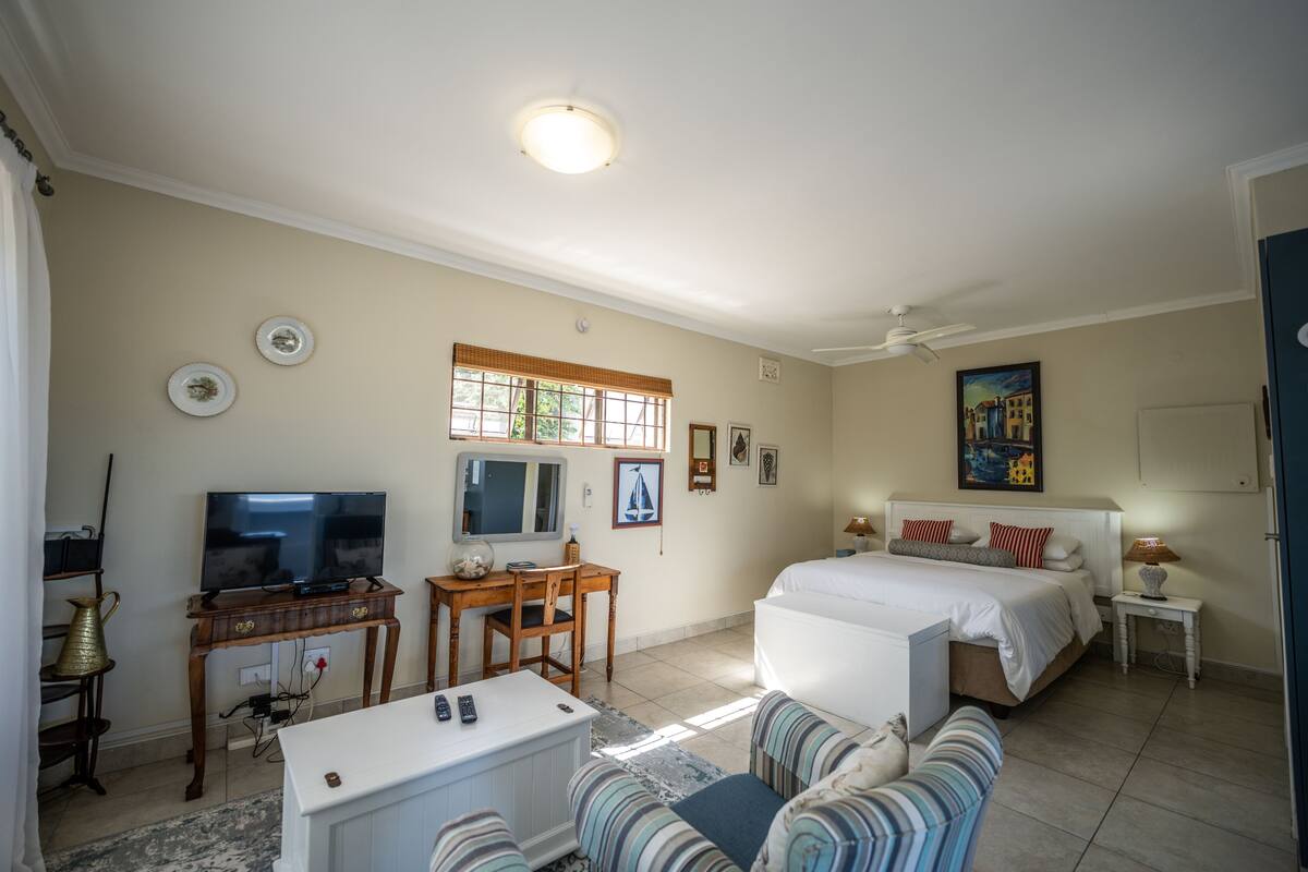 A well-lit room with a bed, a TV, a desk, and a sofa.