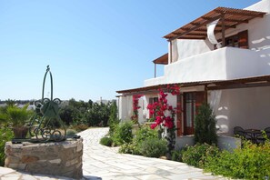 A modern two-story house with a stone pathway leading to the entrance, surrounded by lush greenery and flowering plants. - 9 Muses (Paros)