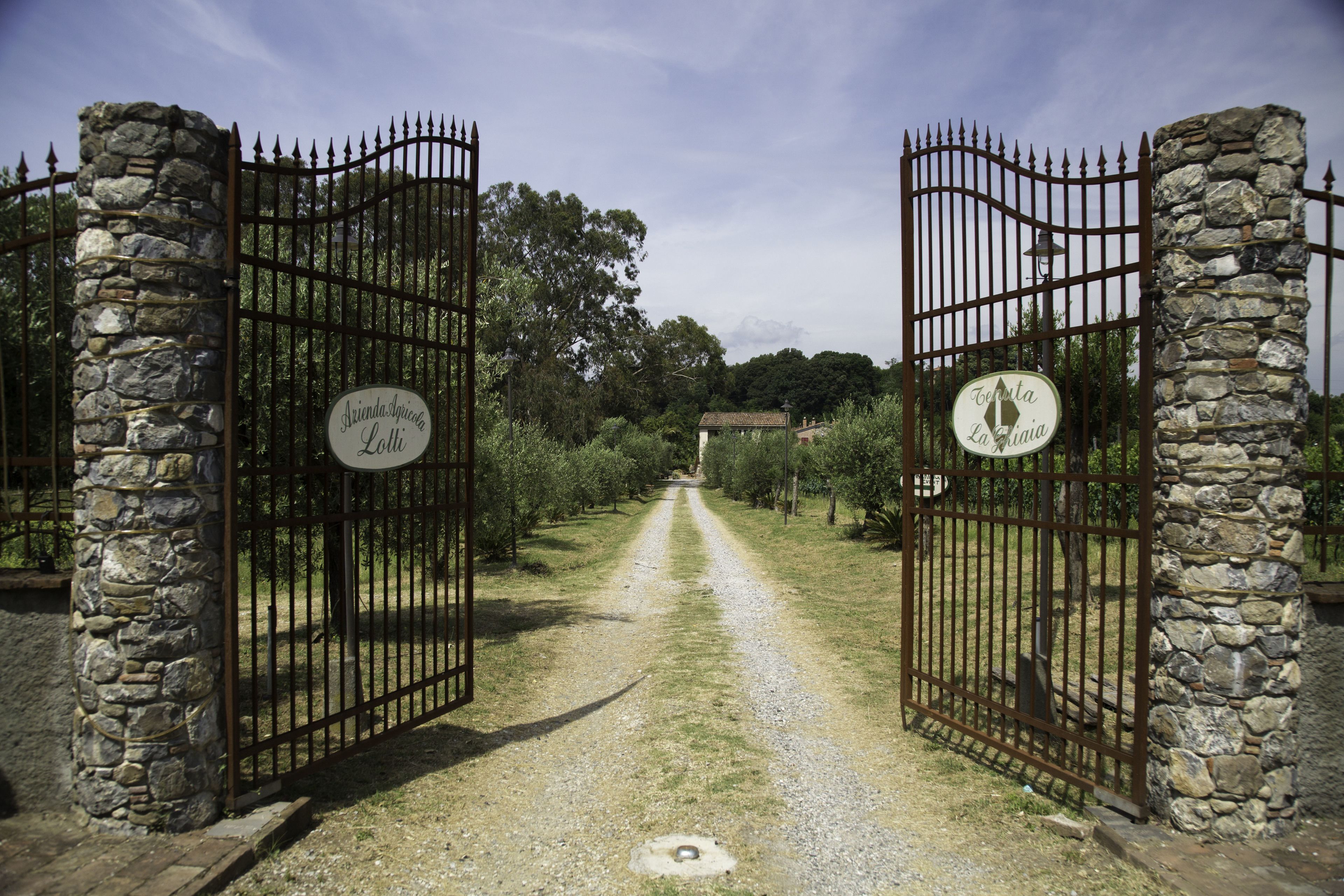 A gravel path leading through a gated area with stone pillars and metal gates.