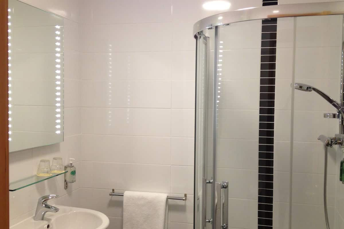combined shower/bathtub, free toiletries, hair dryer, towels
