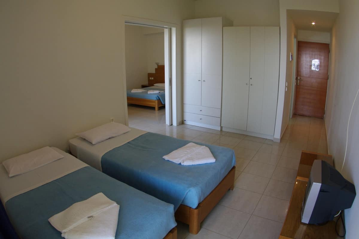 A room with two beds, a wardrobe, and a television.