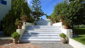 A set of outdoor stone steps leading up to a building, flanked by potted plants and trees. - Eleftheria Hotel (Chania)