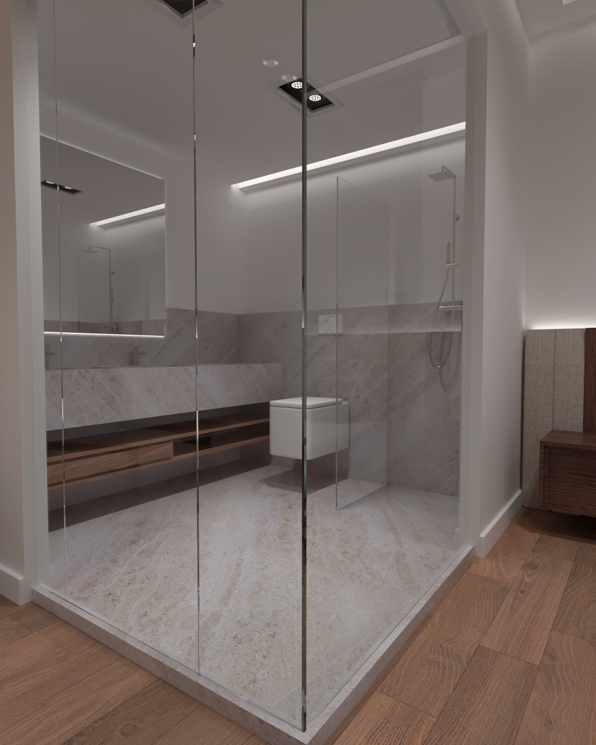 A modern bathroom with a glass-enclosed shower, a marble countertop, and a wooden vanity.
