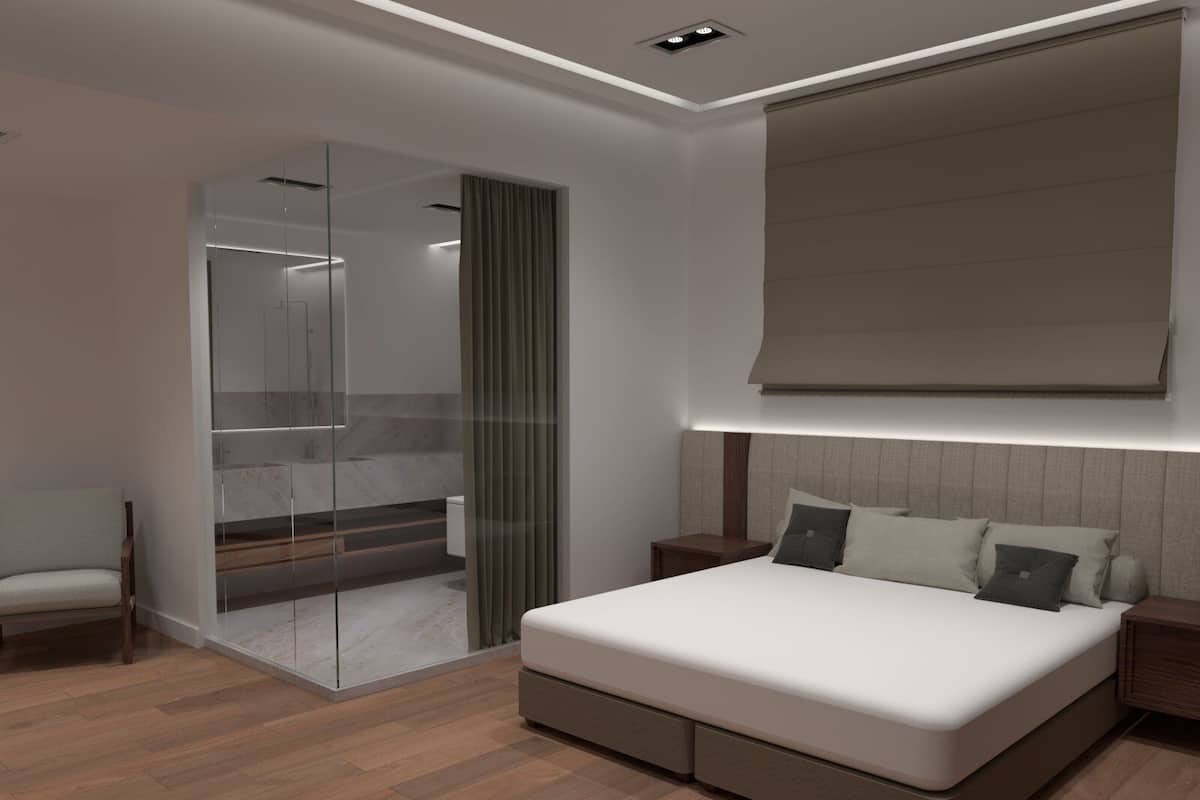 A modern bedroom with a large bed, a glass shower enclosure, and a minimalist design.