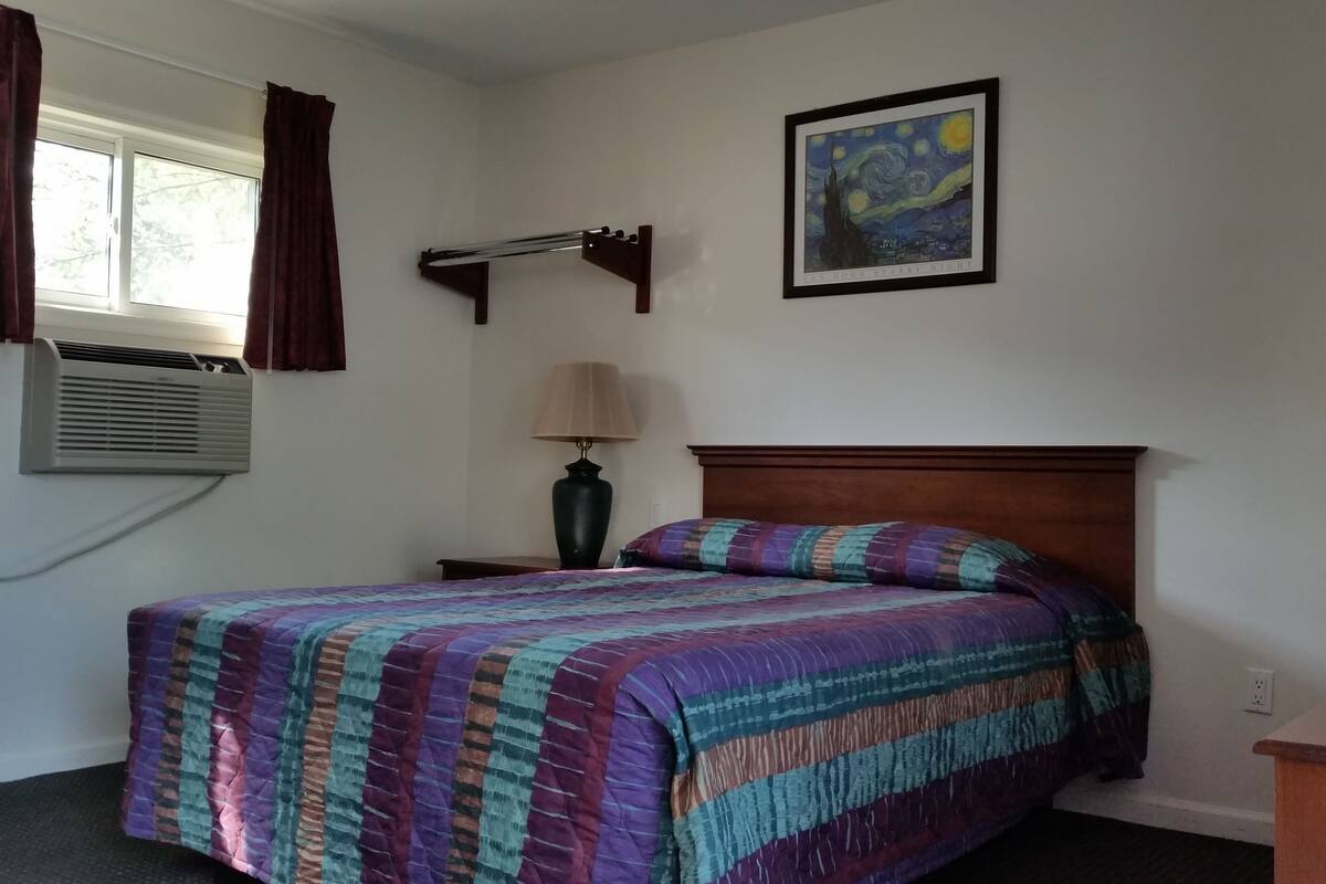 A bedroom with a bed, a nightstand, a lamp, an air conditioner, a framed artwork, and a television.