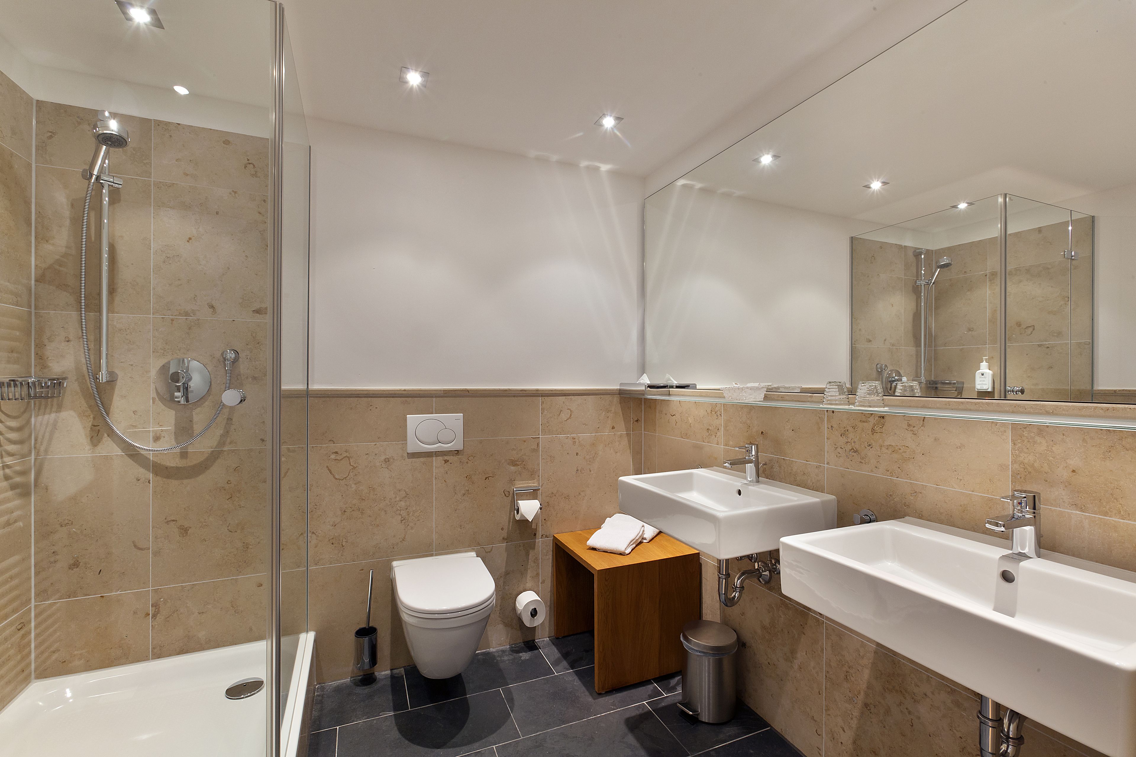 A modern bathroom with a glass-enclosed shower, a toilet, a sink, and a mirror.
