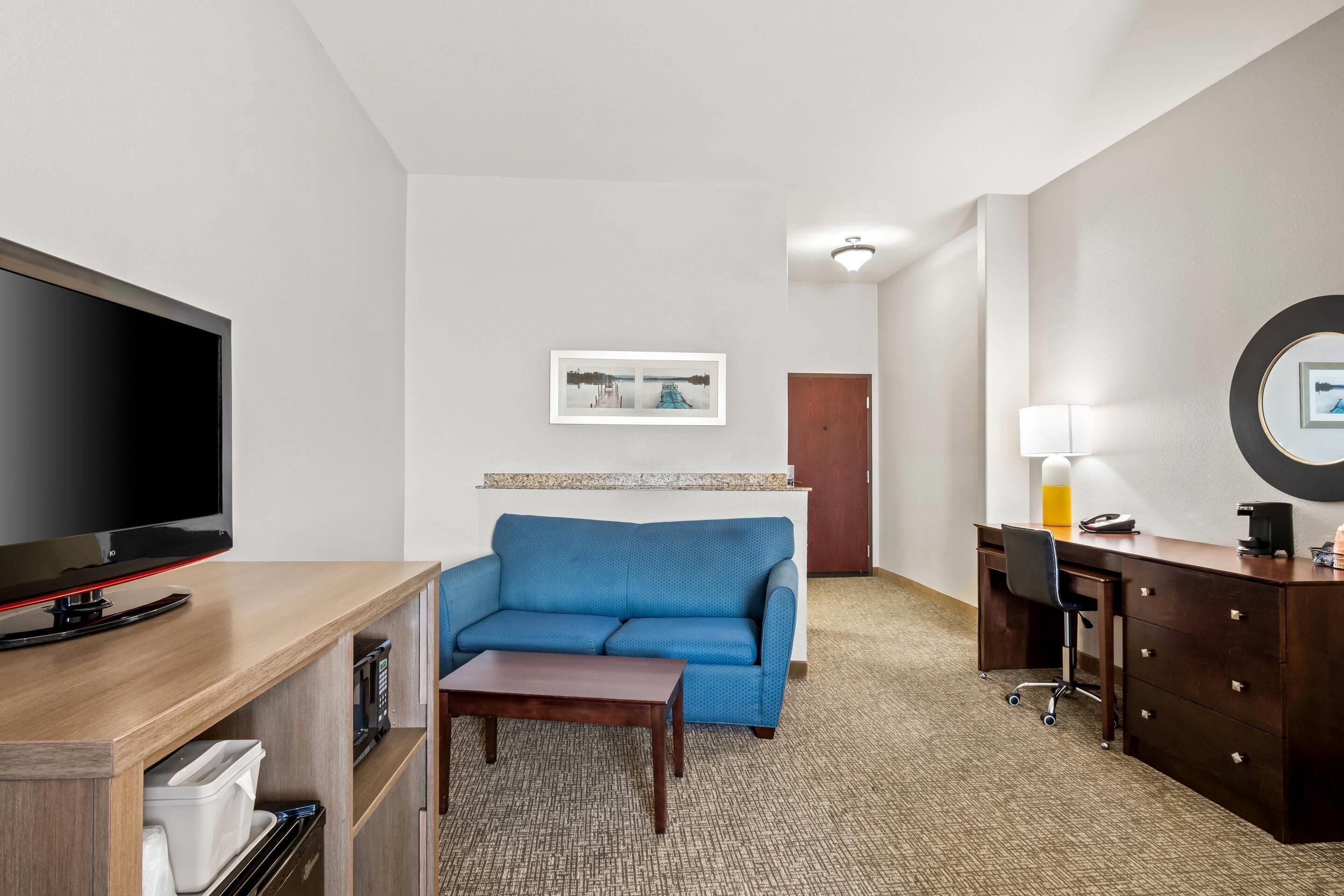 suite, 1 king bed with sofa bed, non smoking | premium bedding, desk, laptop workspace, blackout curtains