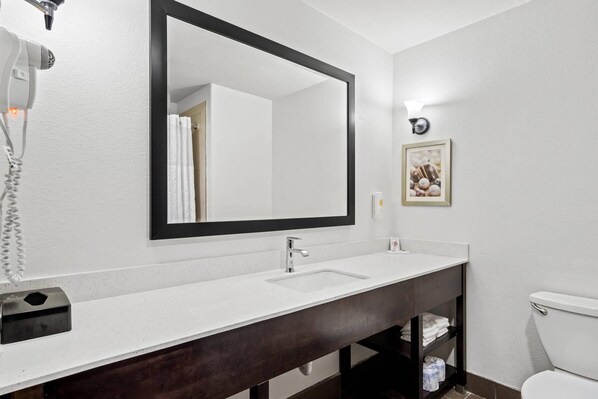 Une salle de bain avec un lavabo blanc, un meuble-lavabo en bois foncé, un grand miroir, un sèche-cheveux, des toilettes et un tableau encadré au mur.