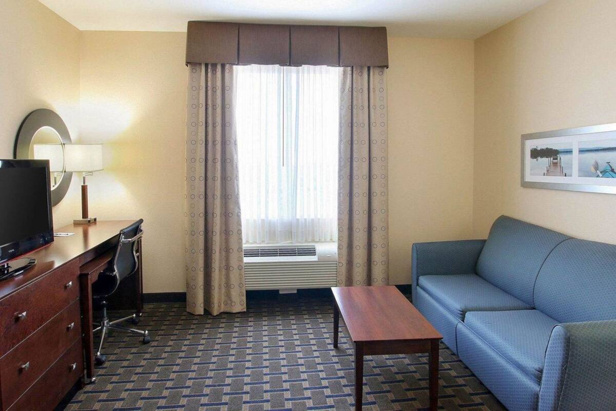 Habitación de hotel con sofá, televisión, escritorio con cajones, lámpara, ventana con cortinas y un cuadro en la pared.
