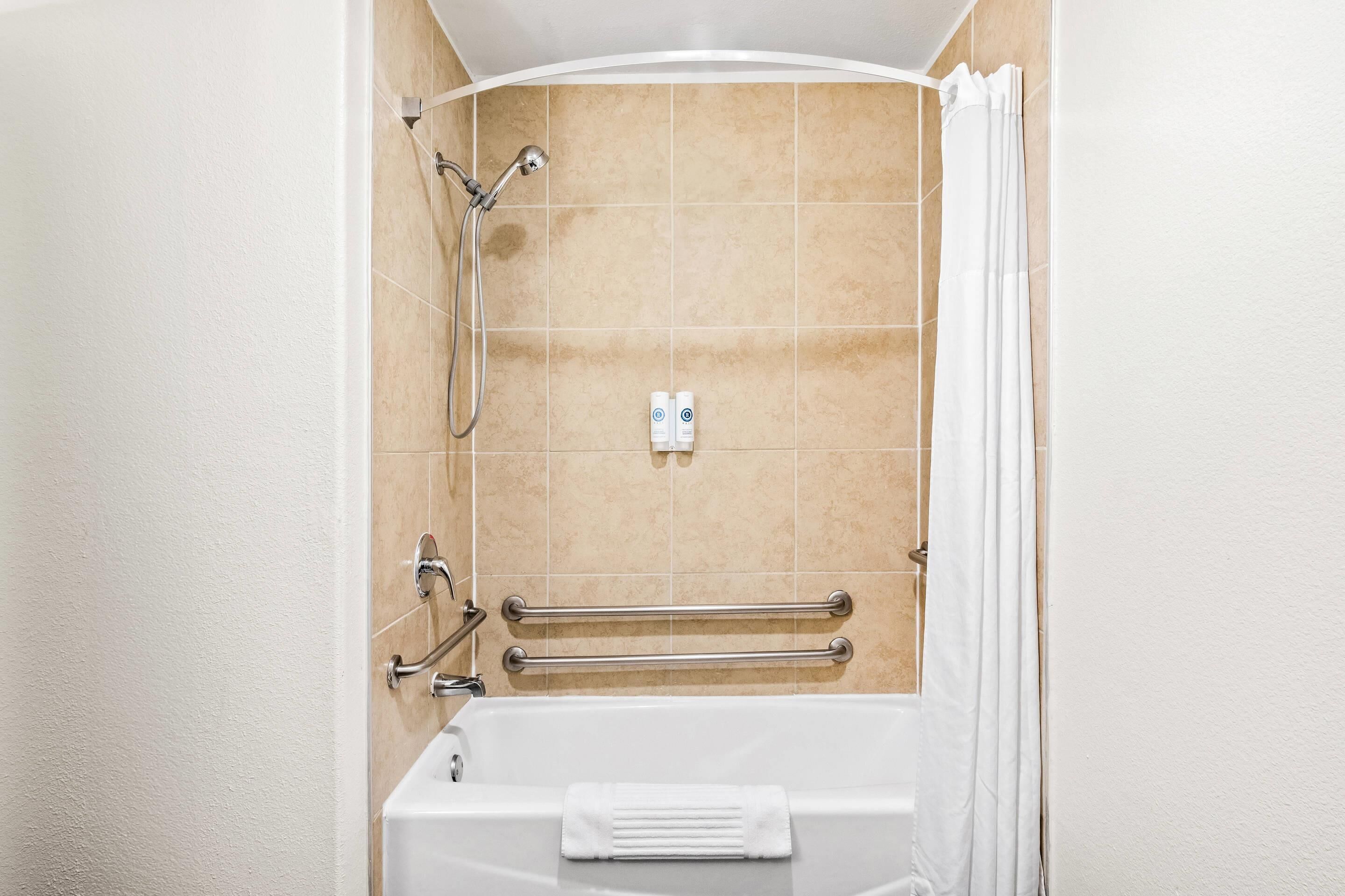 premium bedding, desk, laptop workspace, blackout curtains