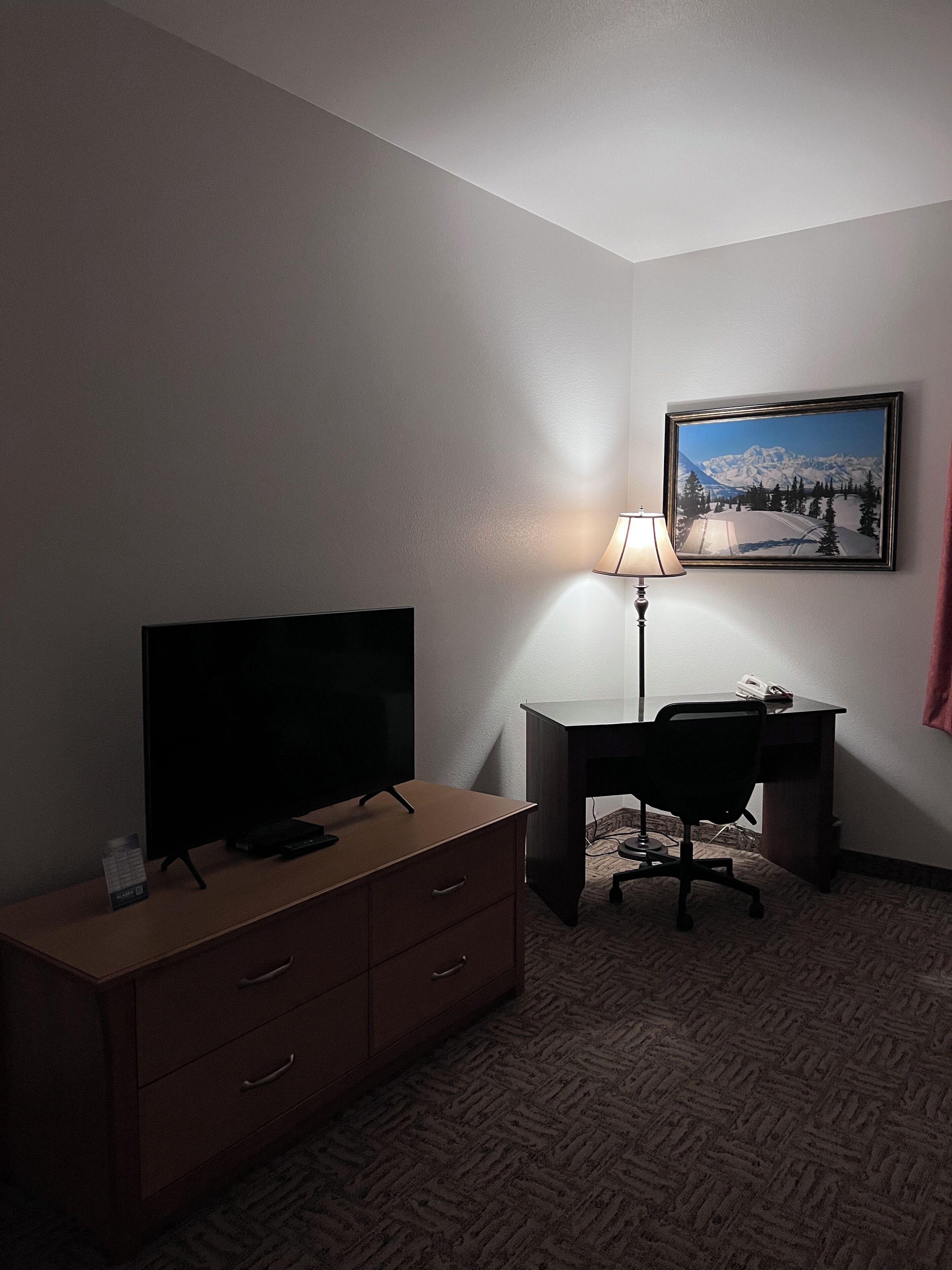 Habitación de hotel con televisión, escritorio, lámpara y un cuadro en la pared.