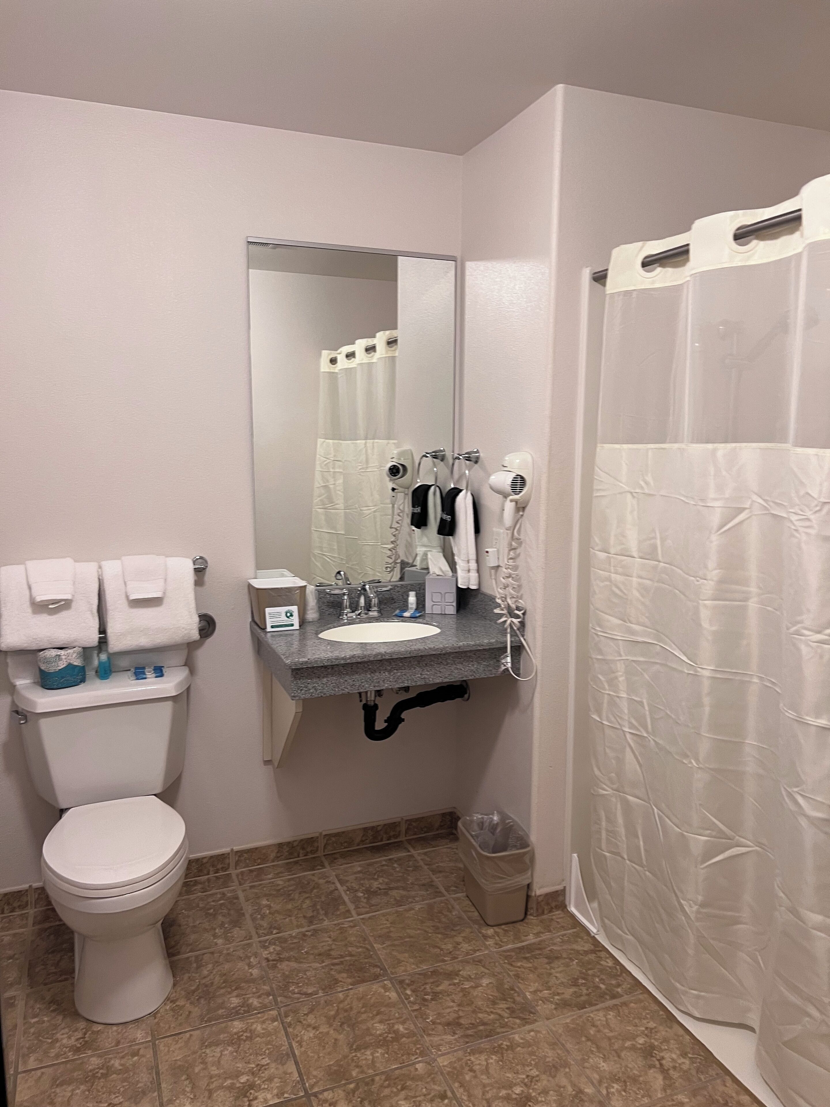 handicap accessible queen room | bathroom | free toiletries, hair dryer