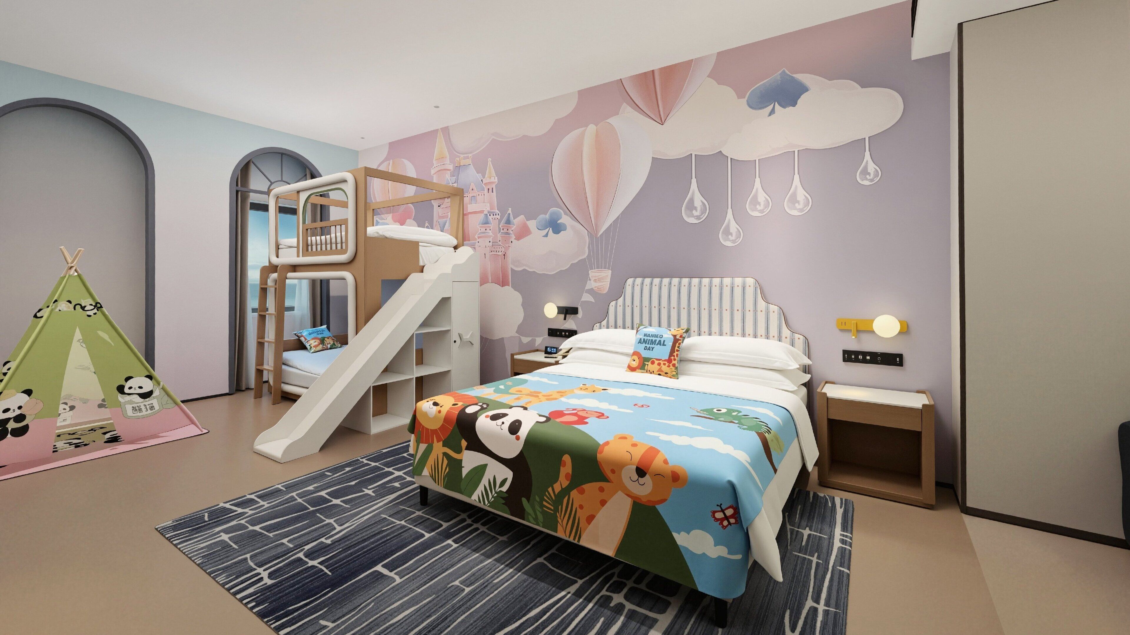 A child's bedroom with a bunk bed, a slide, a tent, and a bed with a colorful animal-themed bedspread.