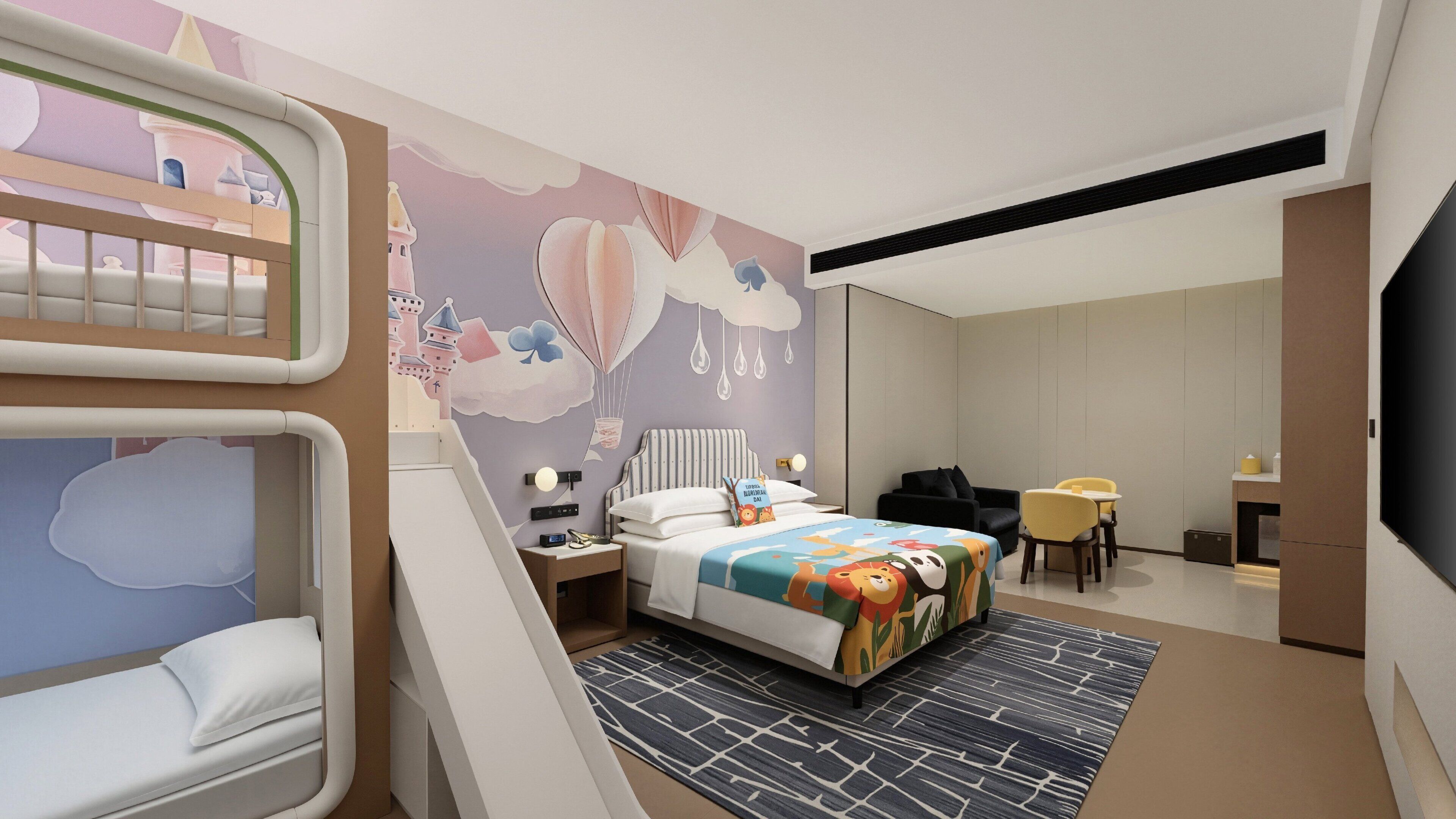 A hotel room with a bed, bedside table, lamp, and a wall mural.